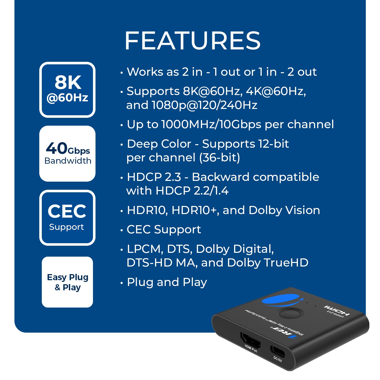 4K HDMI Bi-direction 1x2 Splitter, 2x1 Switch v2.0 4Kx2K@60Hz (UHDS-212)