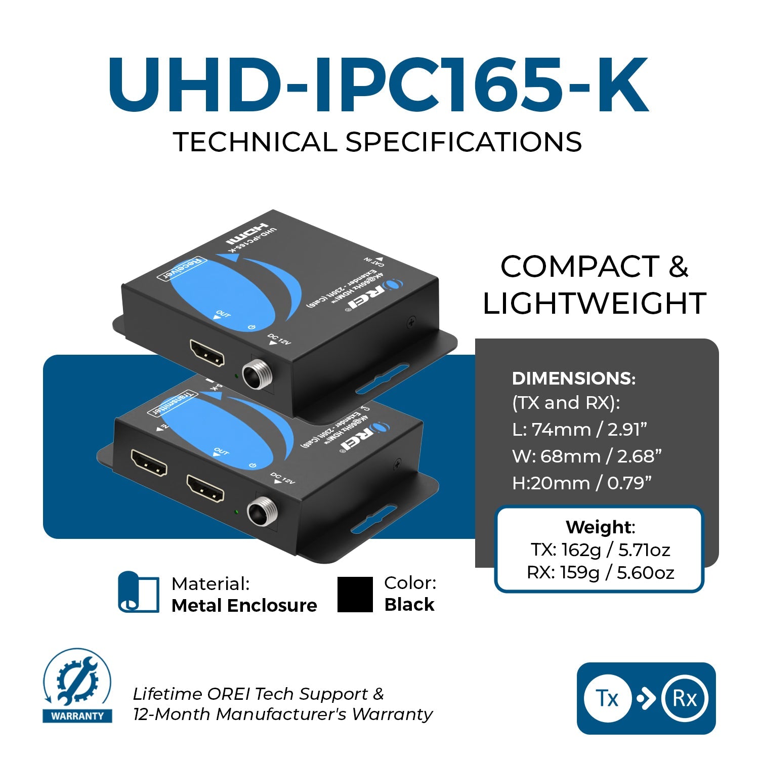 4K HDMI Extender Balun by OREI Upto 165 Feet - UltraHD 4K @ 60Hz 4:4:4 Over Single CAT6/7 (UHD-IPC165-K)