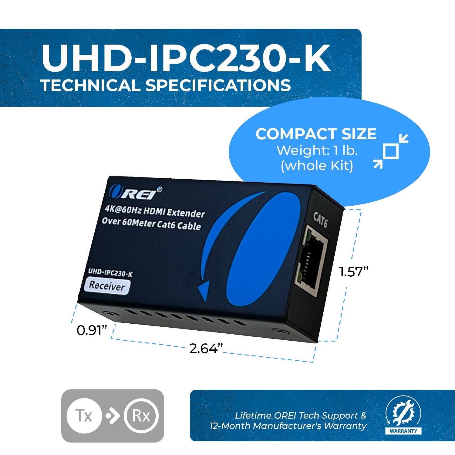 4K HDMI Extender Over CAT6/7 -230 ft -IR Blaster & Audio Extraction (UHD-IPC230-K)