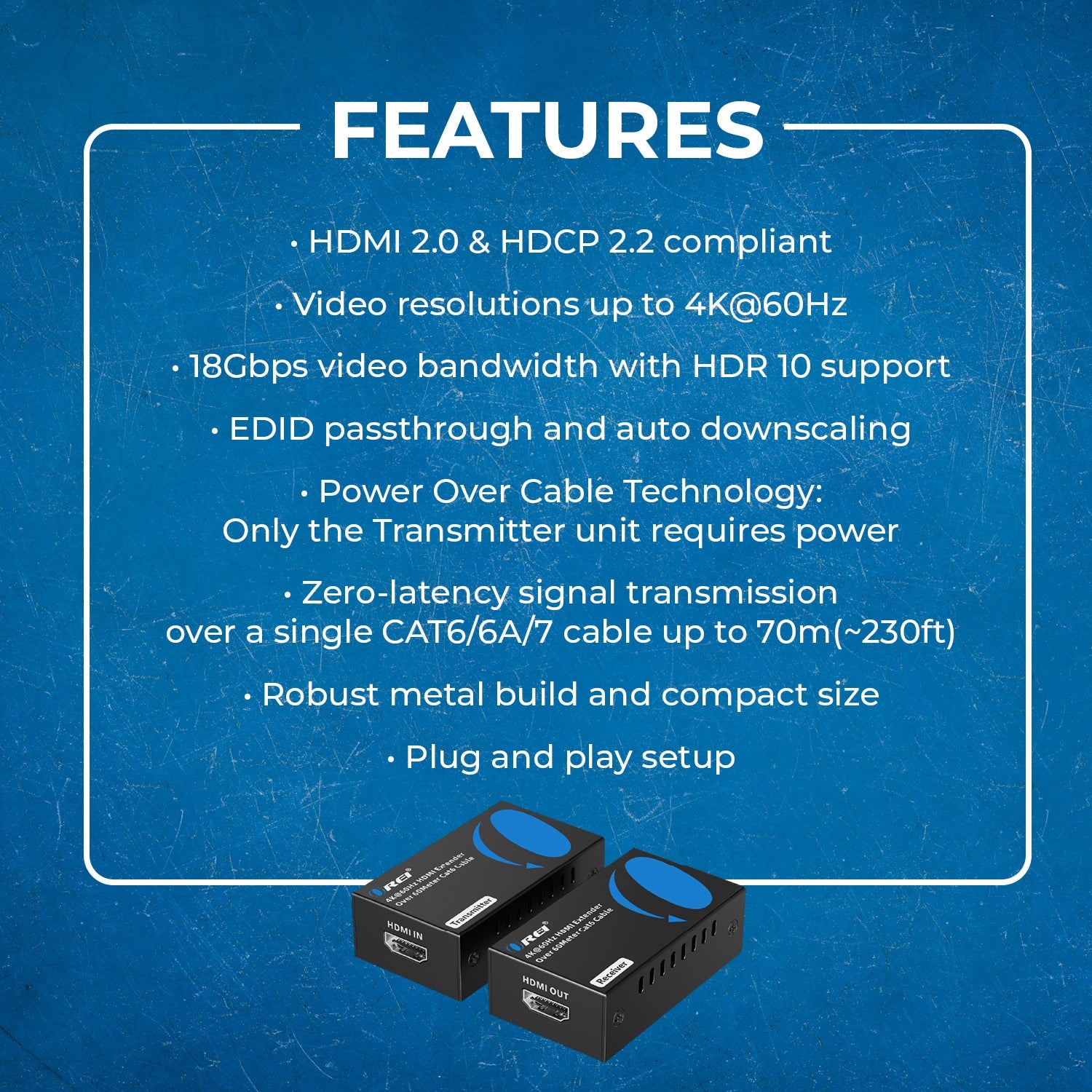 4K HDMI Extender Over CAT6/7 -230 ft -IR Blaster & Audio Extraction (UHD-IPC230-K)