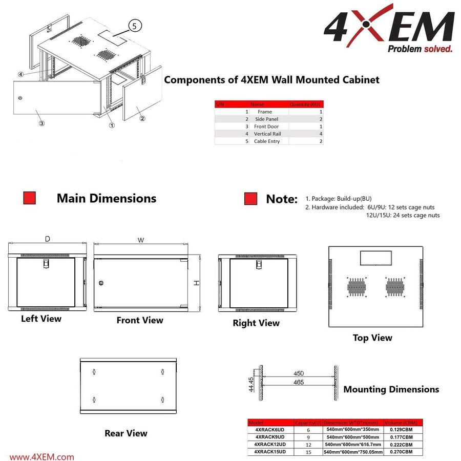 4XEM 12U 24" Deep Wall Mount Server Rack