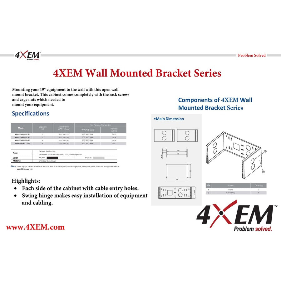 4Xem 3U Wall Mount For Rackmount Equipment, Network Equipment - Black