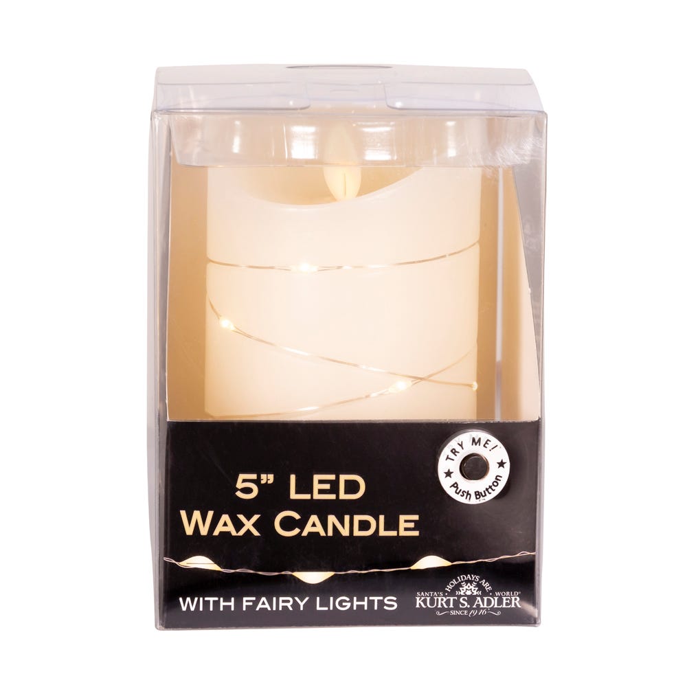 5" Battery Operated Flicker Flame White Candle With Fairy Lights