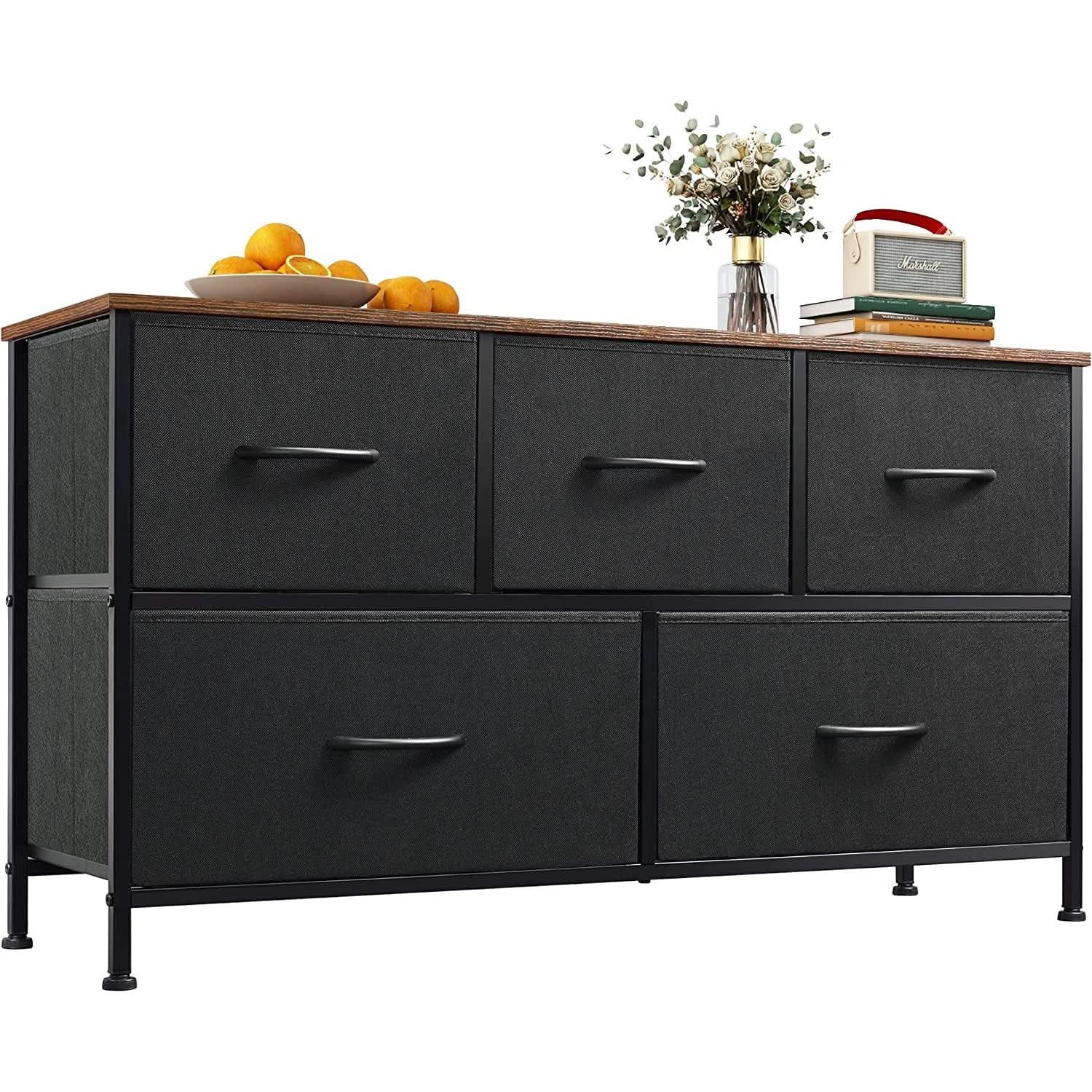 5 Drawer Fabric Dresser With Bins And Wood Top For Bedroom