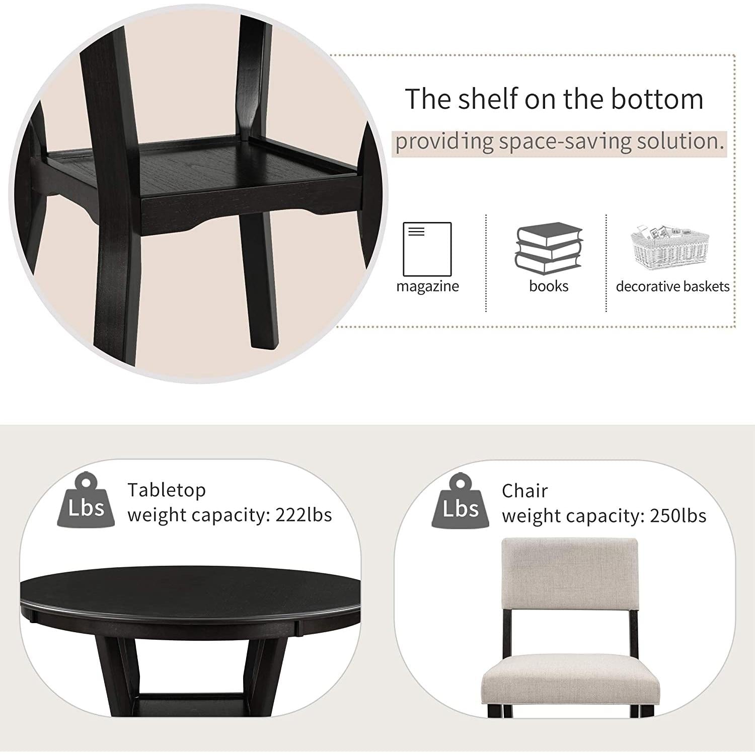 5-Piece Dining Set With Round Table And Upholstered Chairs