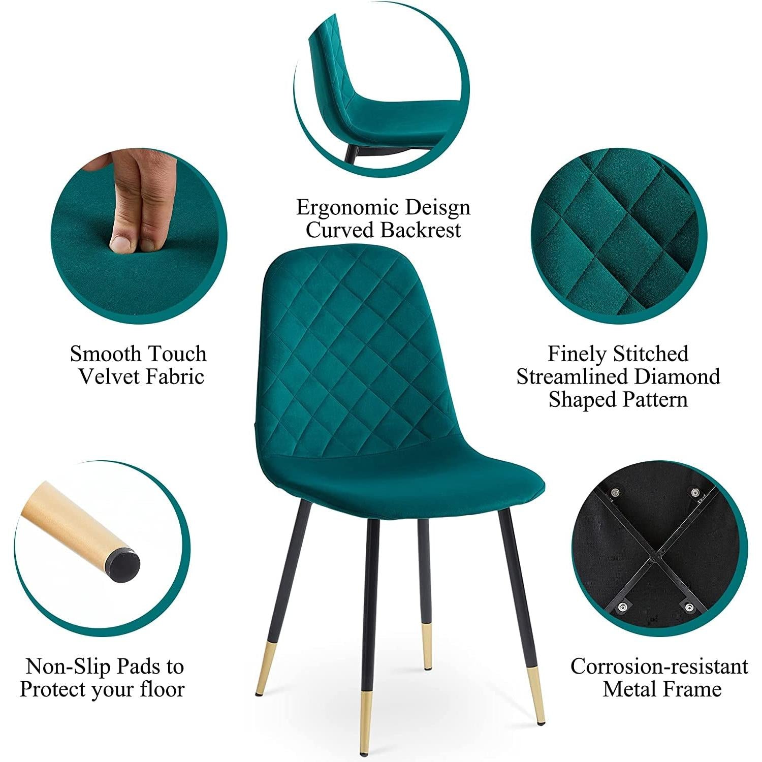 5 Piece Modern Dining Table Set With Green Velvet Chairs