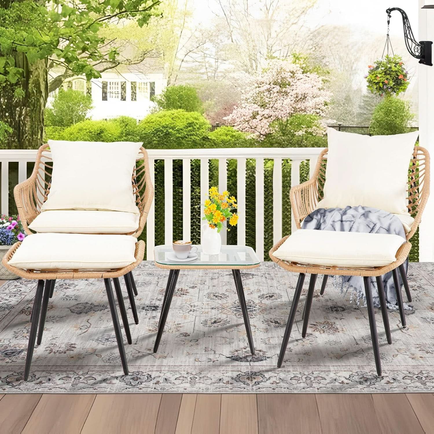 5 Piece Patio Bistro Set With Ottoman Outdoor Wicker Yellow