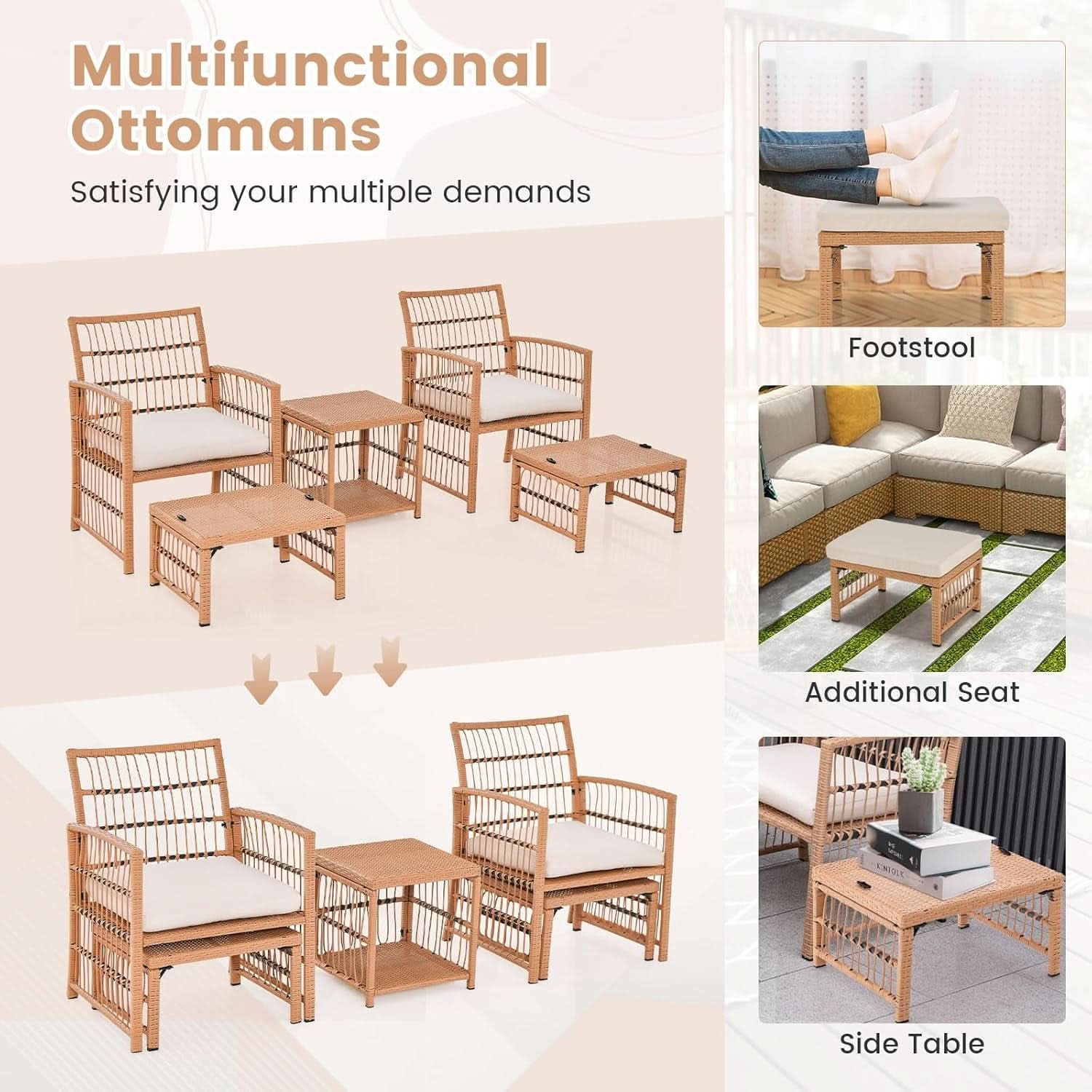 5 Piece Patio Wicker Sofa Set With Cushions Natural Finish
