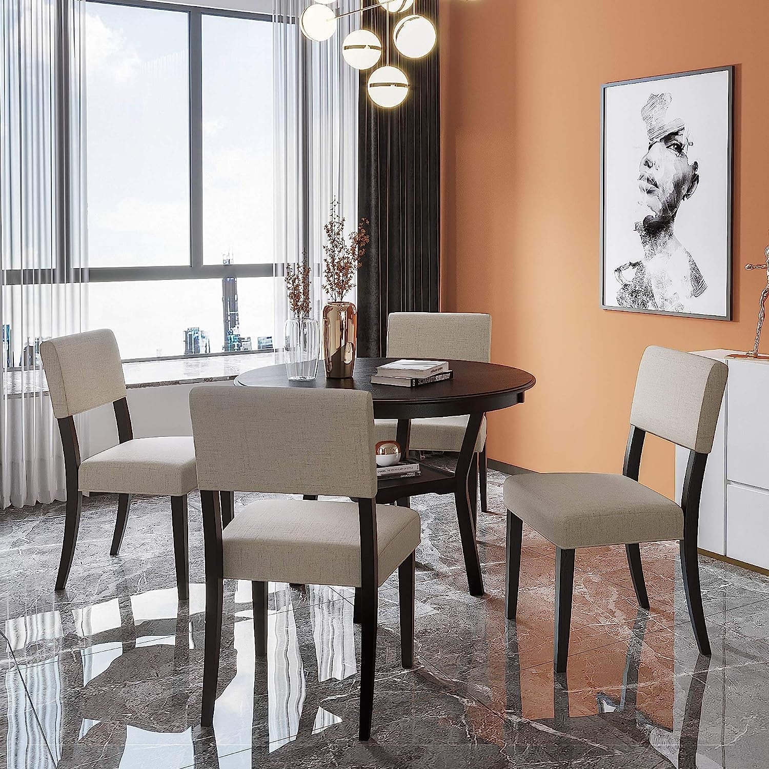 5-Piece Round Dining Table Set Linen Upholstered Chairs