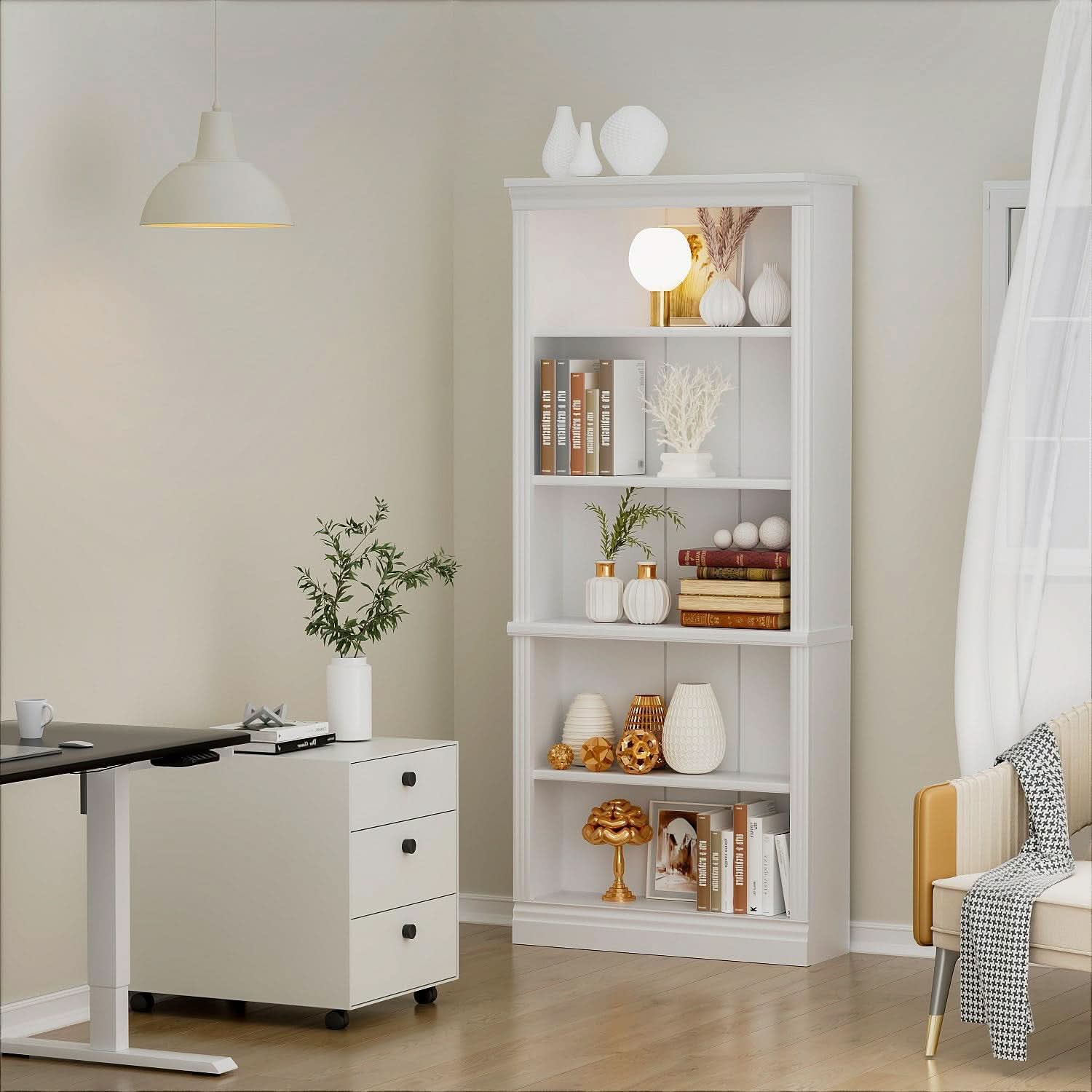 5-Shelf Bookcase Wooden Standing Rack White Living Room