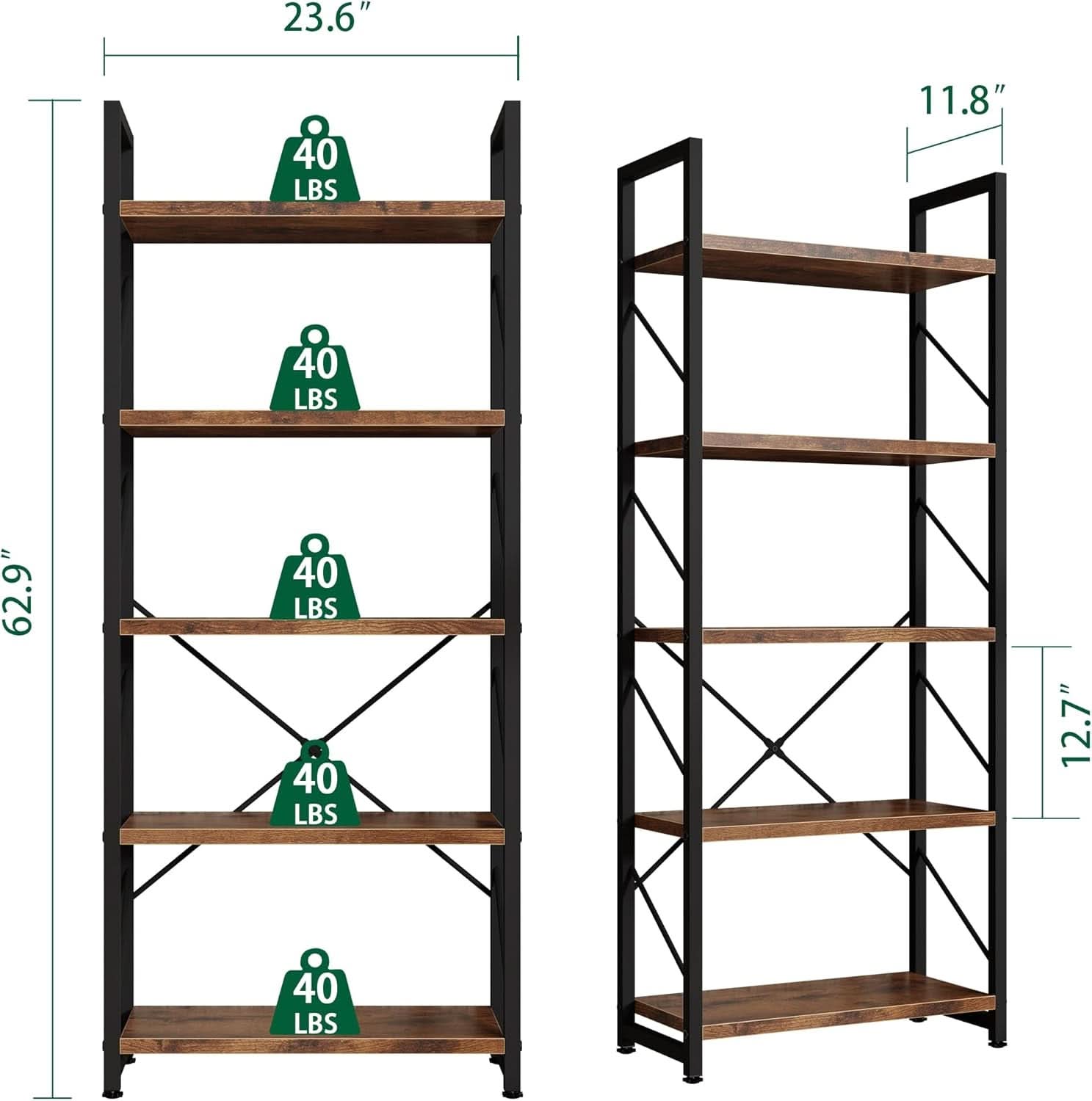 5 Tier Bookshelf Rustic Brown Tall Bookcase For Home Office