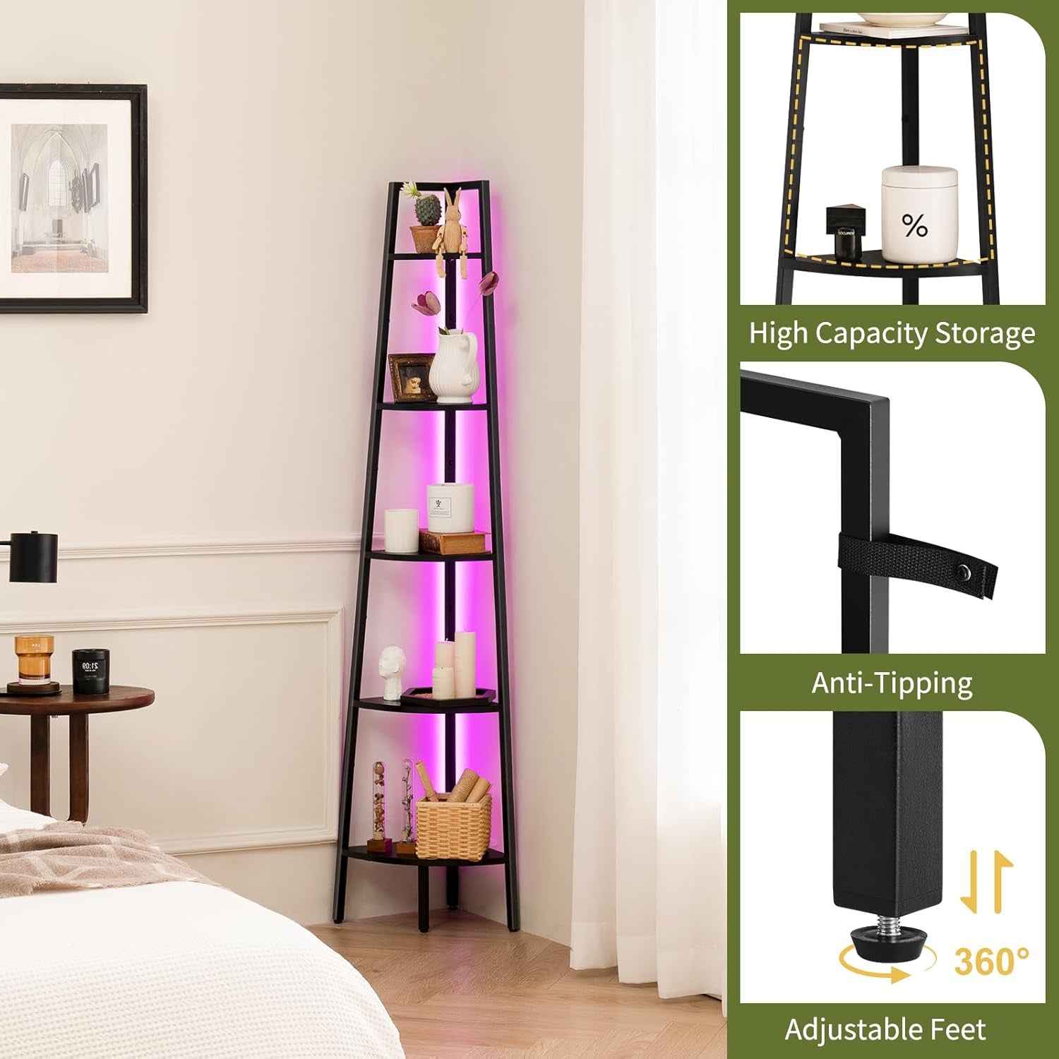 5 Tier Corner Bookshelf With LED Lights For Living Room
