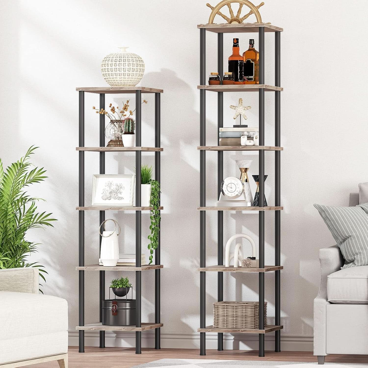 5 Tier Corner Shelf Stand Greige and Black No Tool Assembly