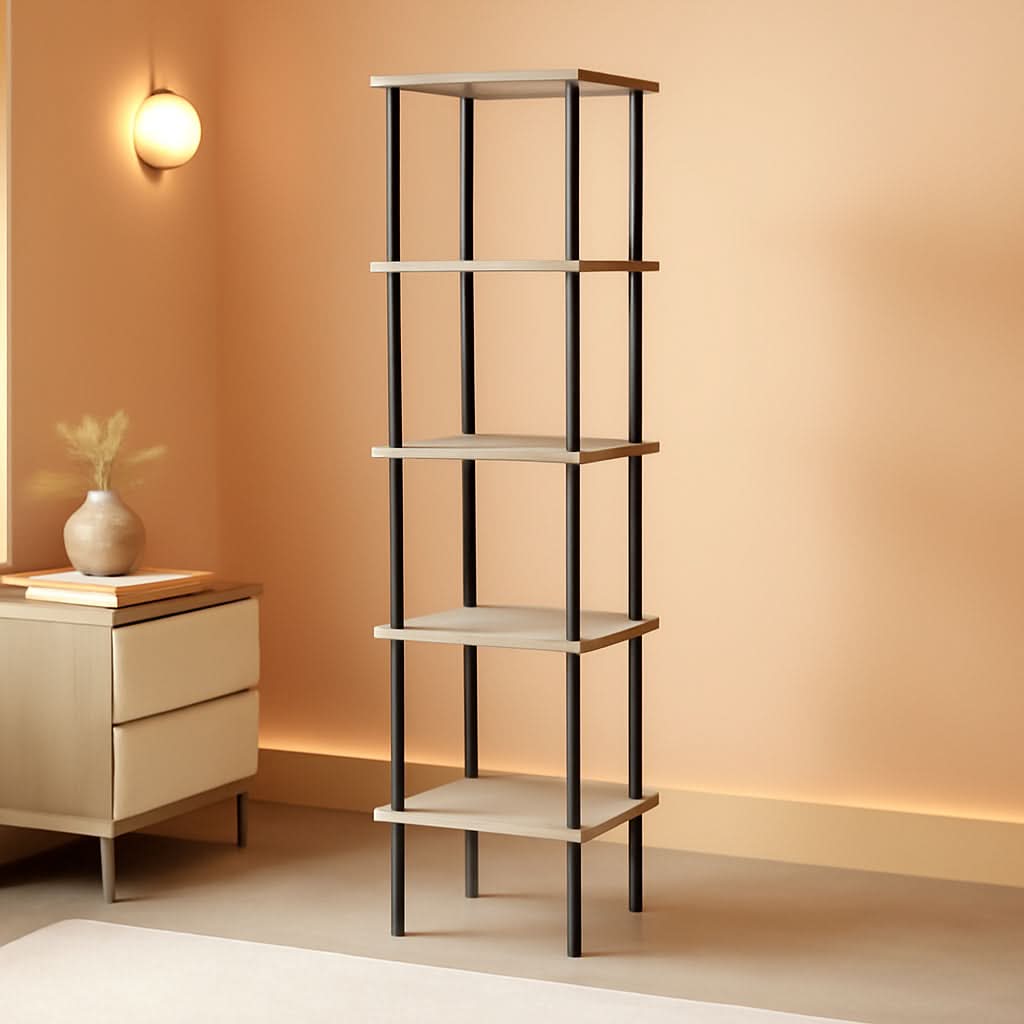 5 Tier Corner Shelf Stand Greige and Black No Tool Assembly