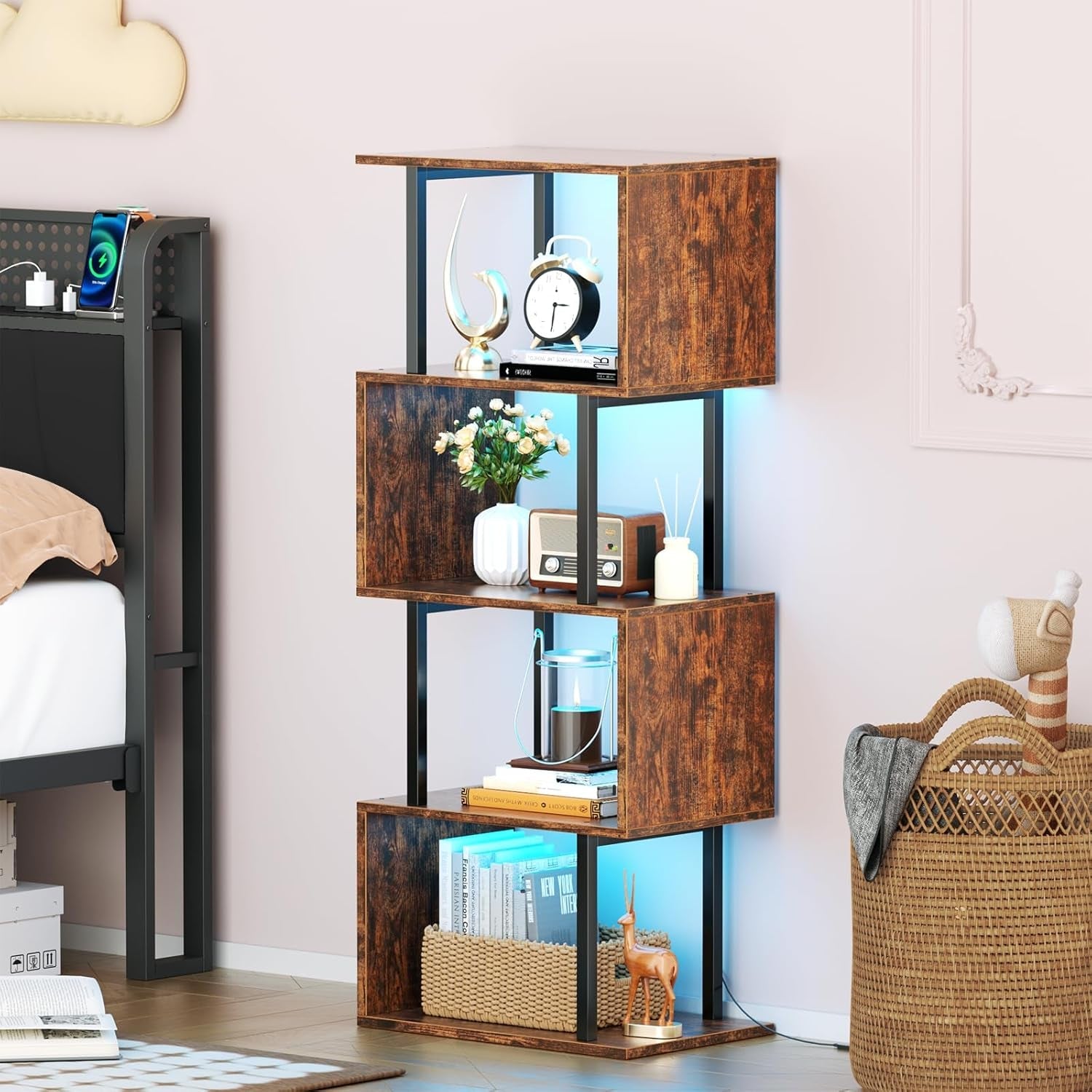 5 Tier Geometric Bookshelf With LED Light S Shaped Display