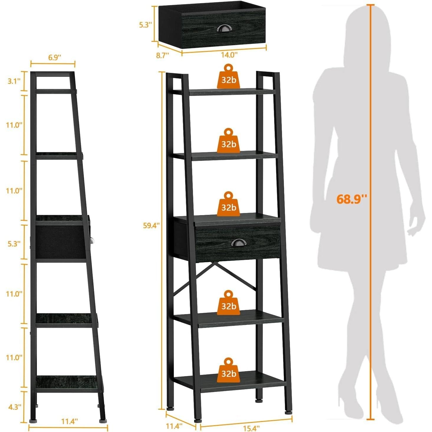 5 Tier Ladder Bookshelf Narrow Black Oak With Drawer