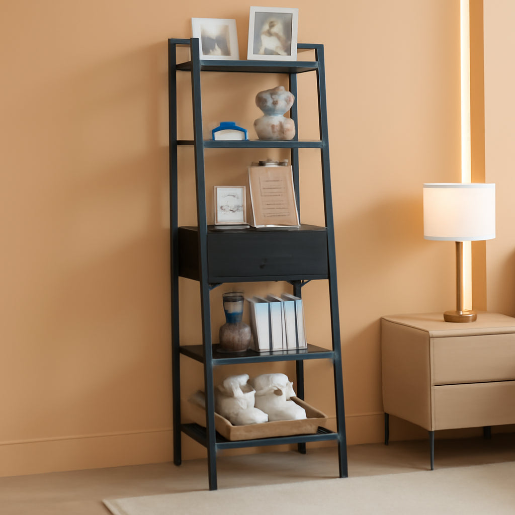 5 Tier Ladder Bookshelf Narrow Black Oak With Drawer