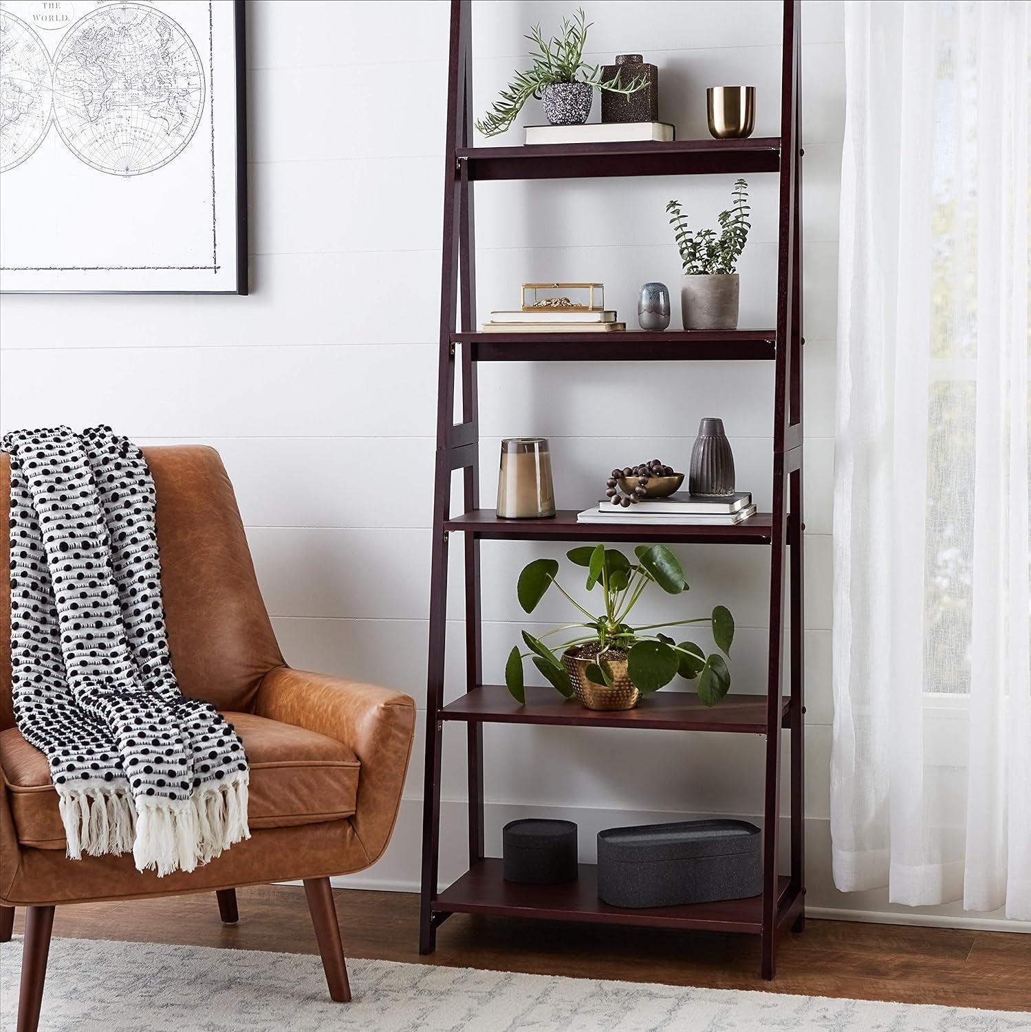 5 Tier Walnut Rubberwood Ladder Bookshelf Organizer