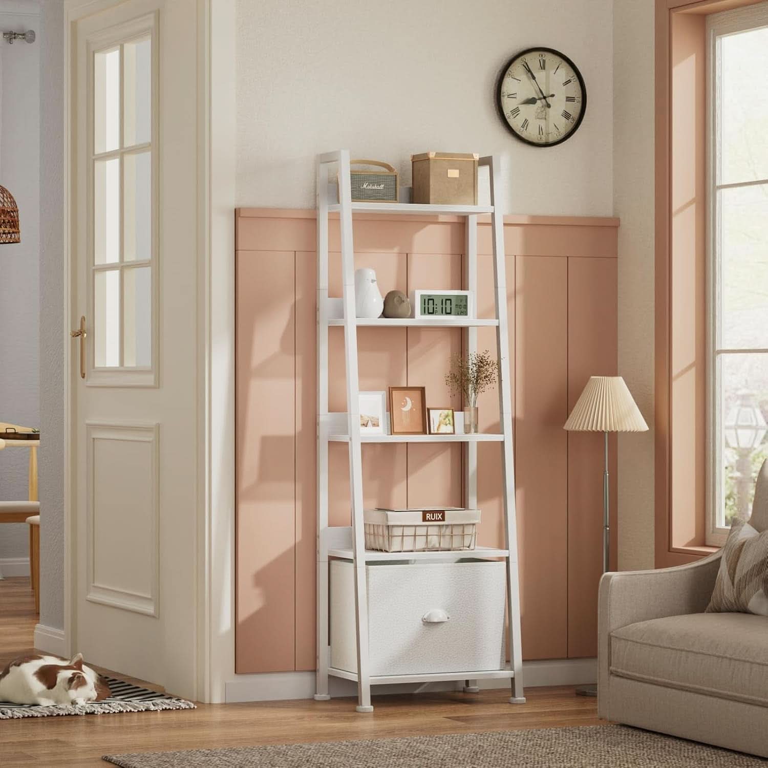 5 Tier White Ladder Shelf With Removable Fabric Drawer