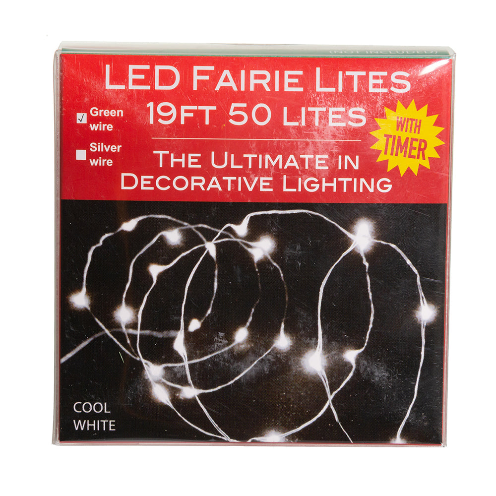 50-Light Battery-Operated Cool White LED Green Wire Fairy Lights