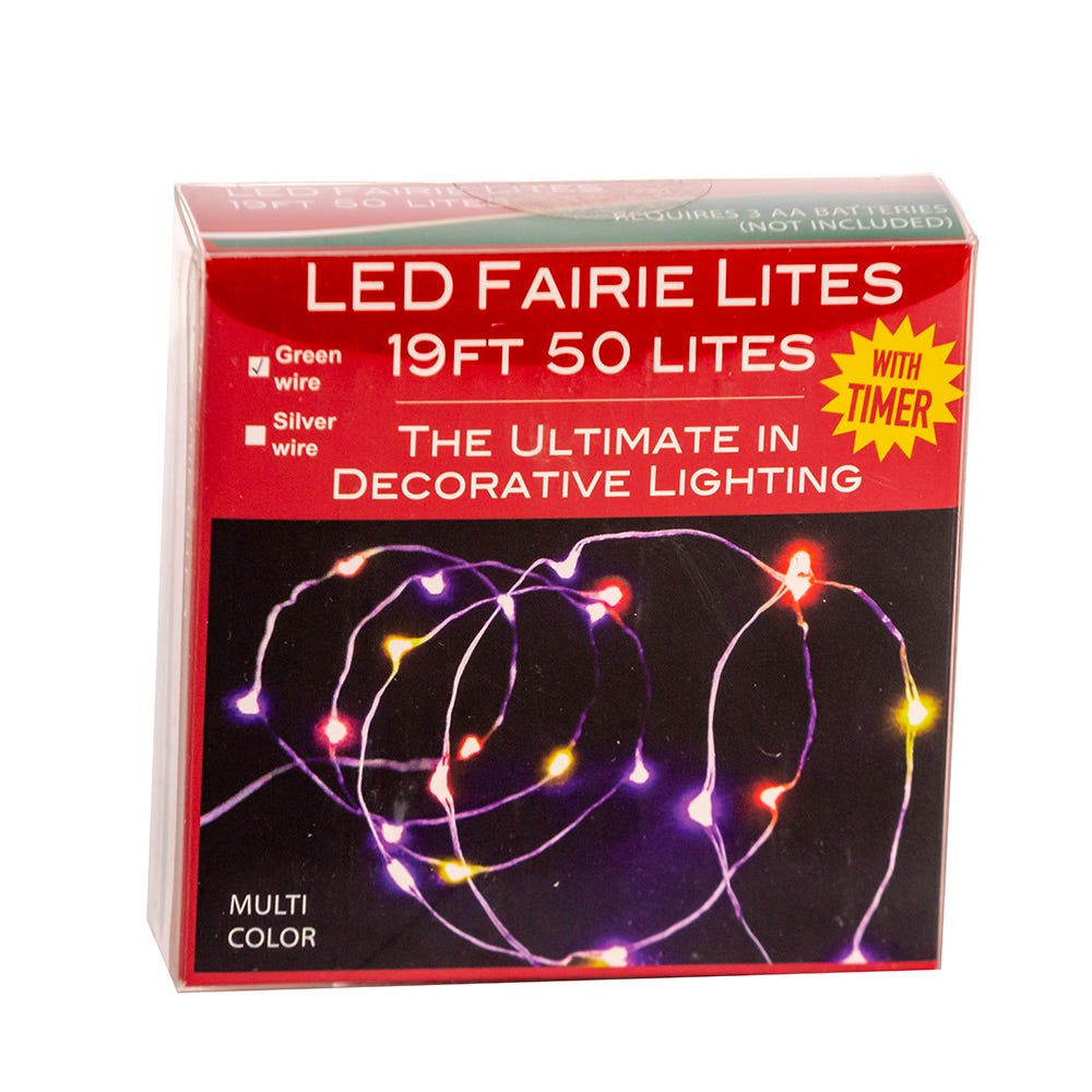 50-Light Battery-Operated Multicolored LED Green Wire Fairy Lights