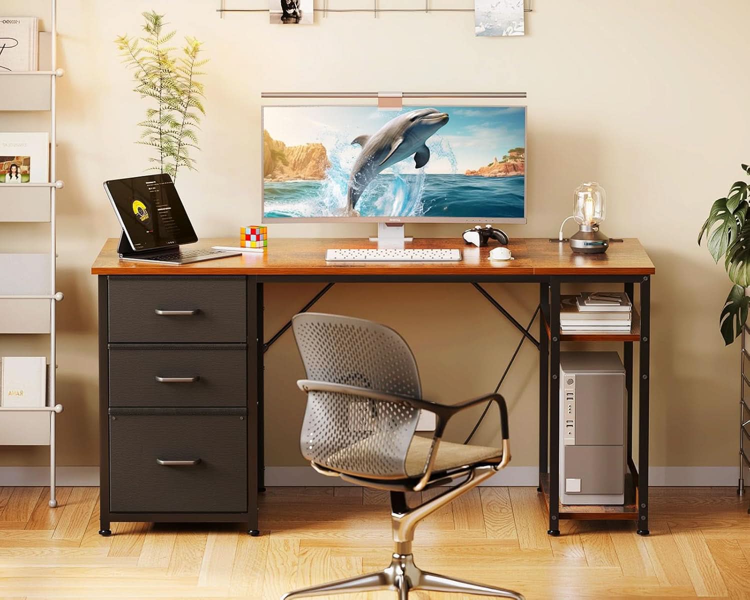 51 Inch Computer Desk With USB Outlets And Fabric Drawers