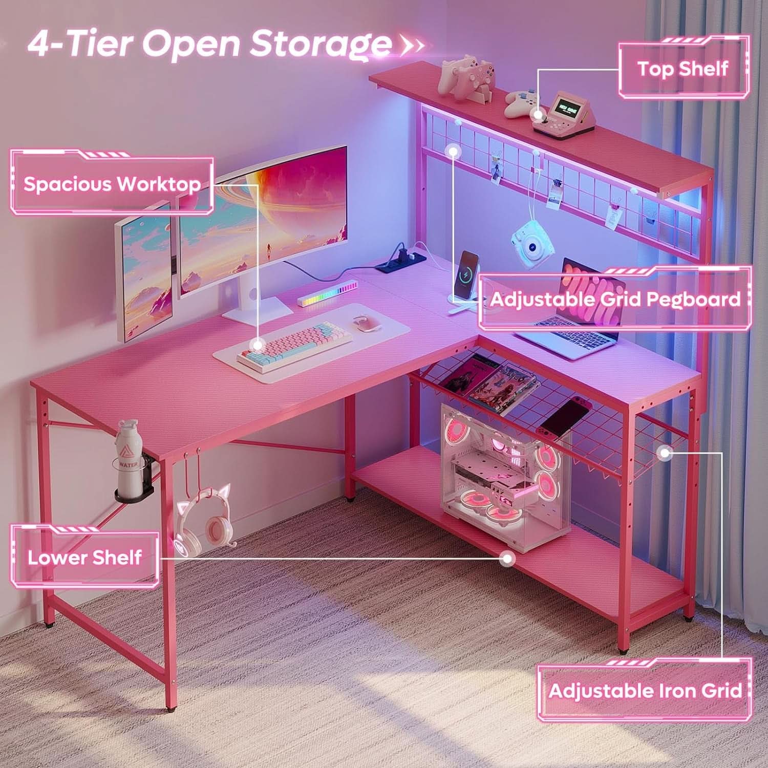 51 Inch L Shaped Gaming Desk Pink With Power Outlets And LED Lights