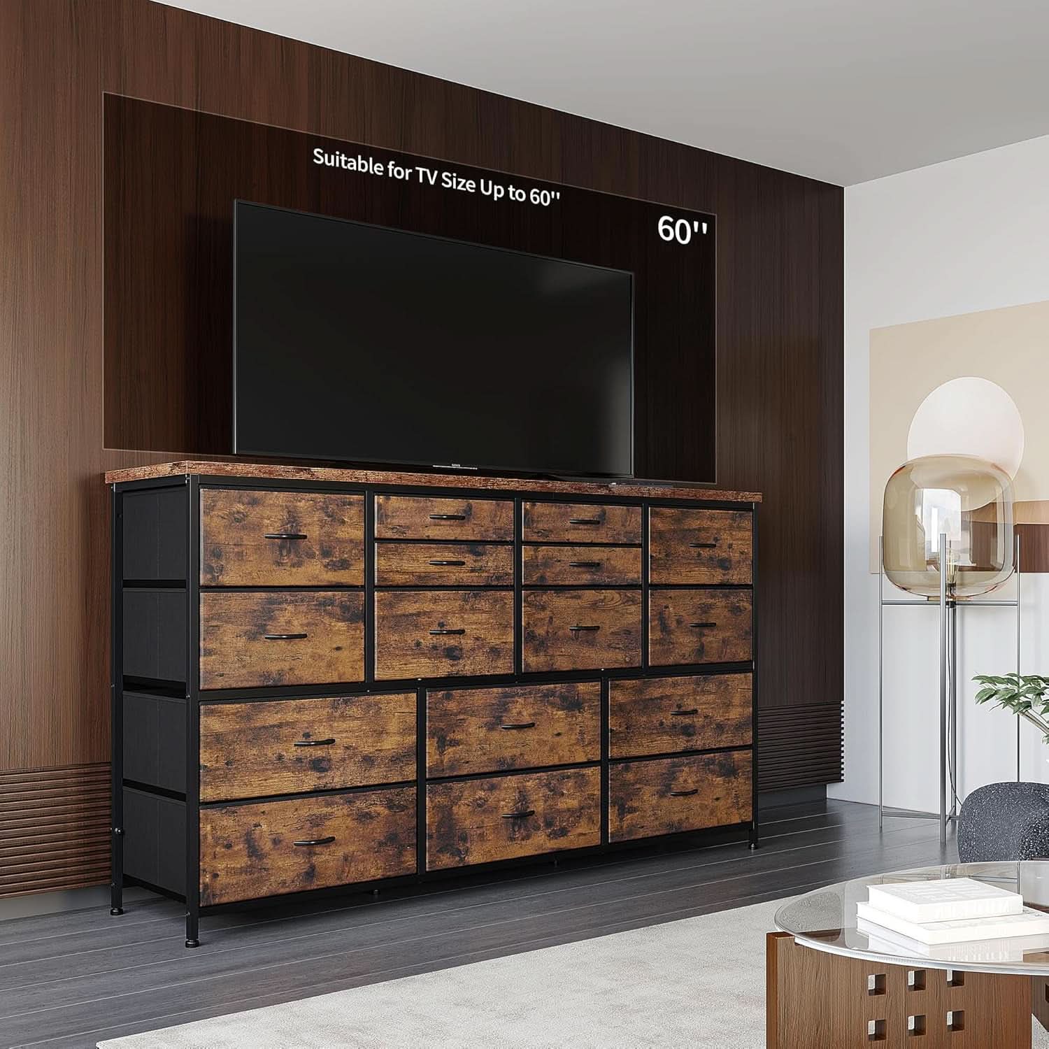 51.1 Inch TV Stand Dresser With 16 Drawers Charging Station