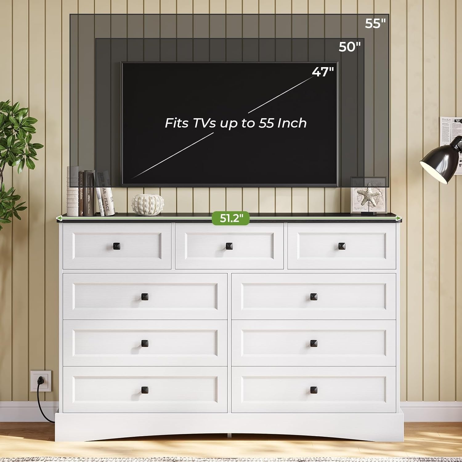 51.2 Inch Wide Dresser With 9 Drawers White Black Farmhouse