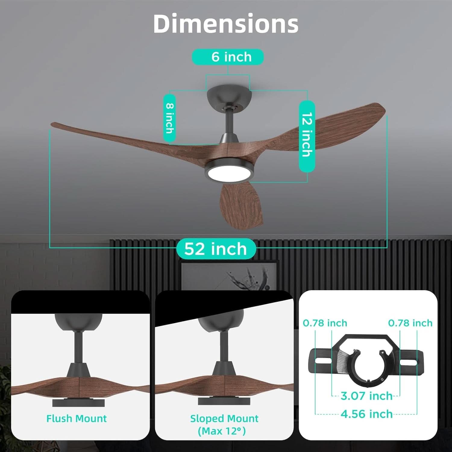 52 Inch Black Ceiling Fan With Lights And Remote Control