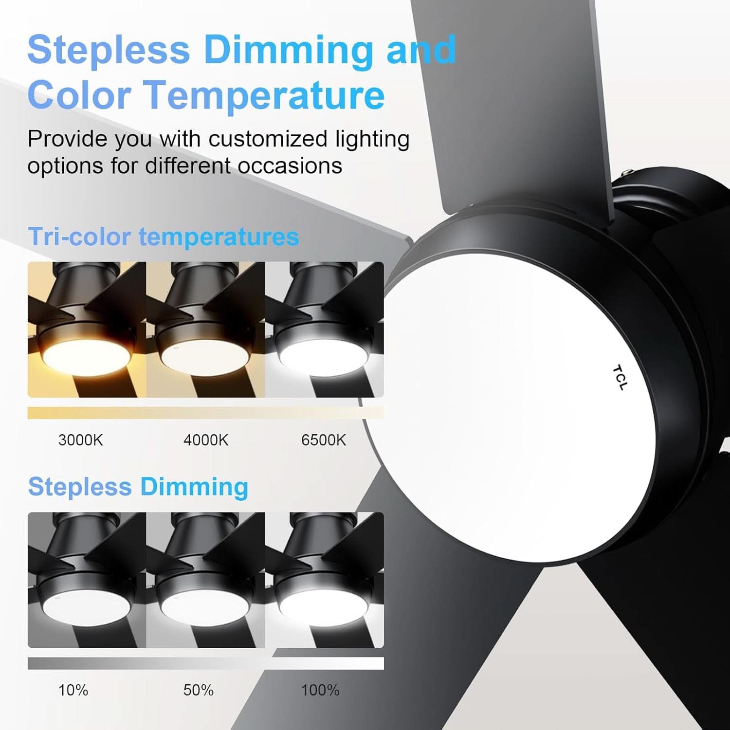 52 Inch Black Flush Mount Ceiling Fan With Dimmable Lights
