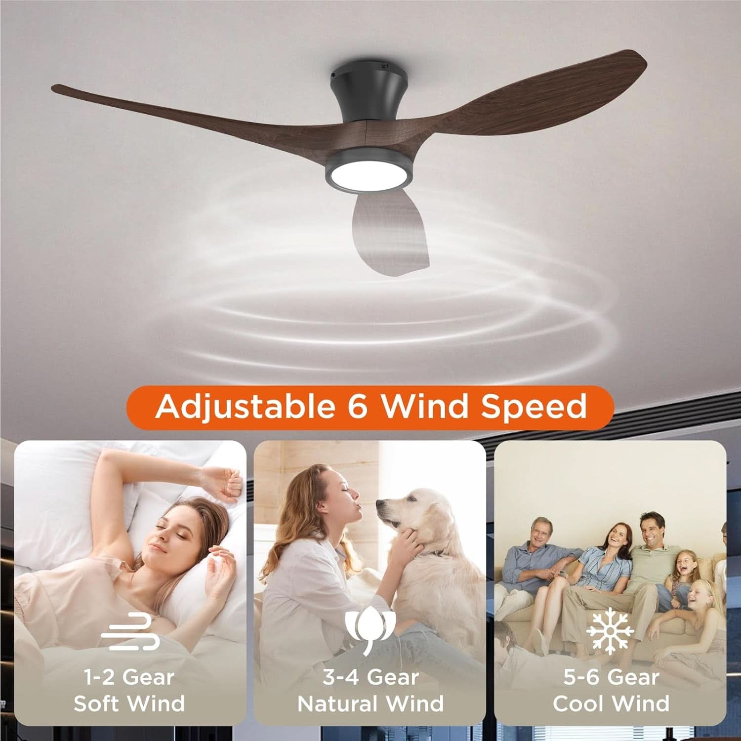 52 Inch Black Walnut Ceiling Fan For Living Room Indoor