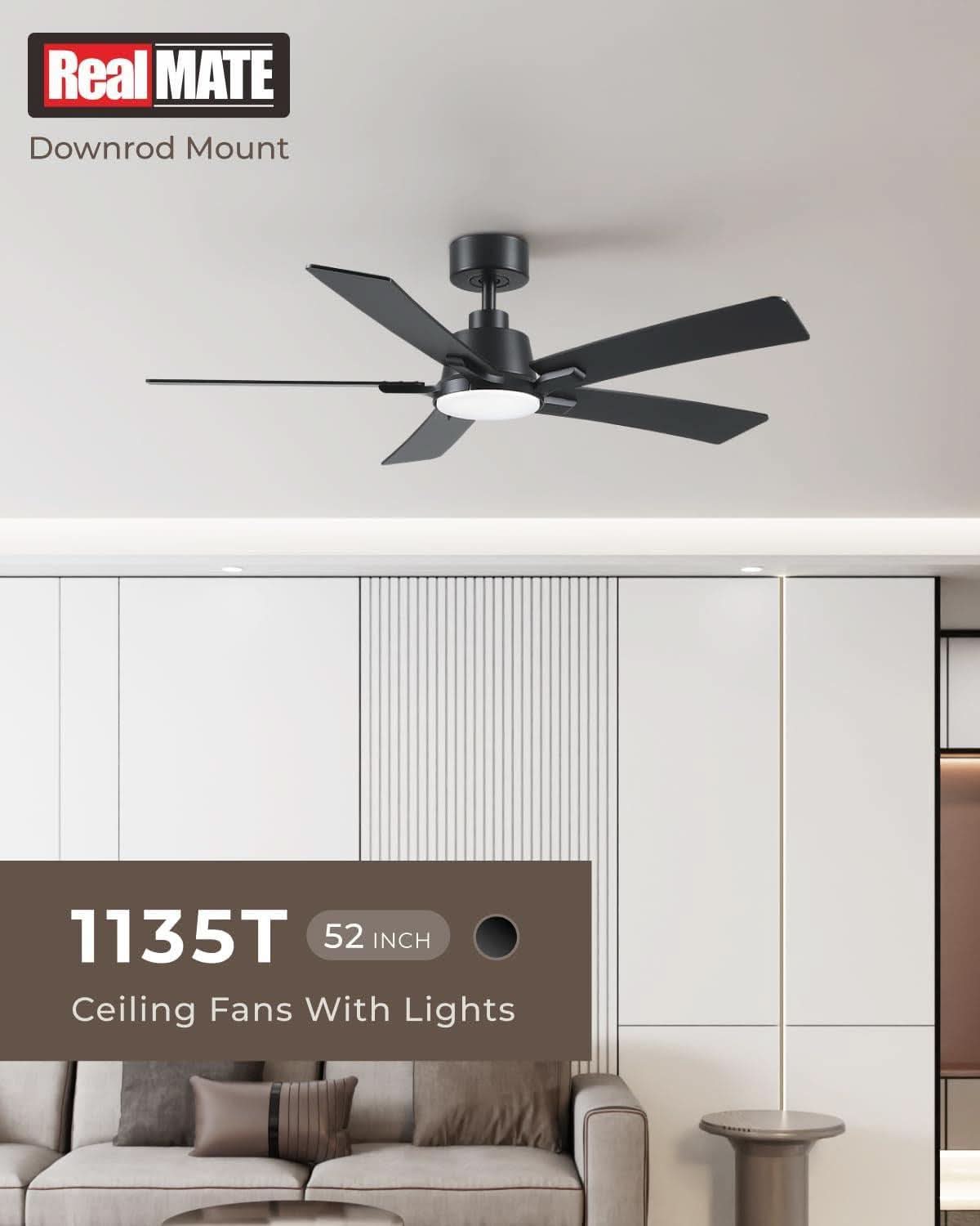 52 Inch Ceiling Fan With Lights Remote Black 5 Blade