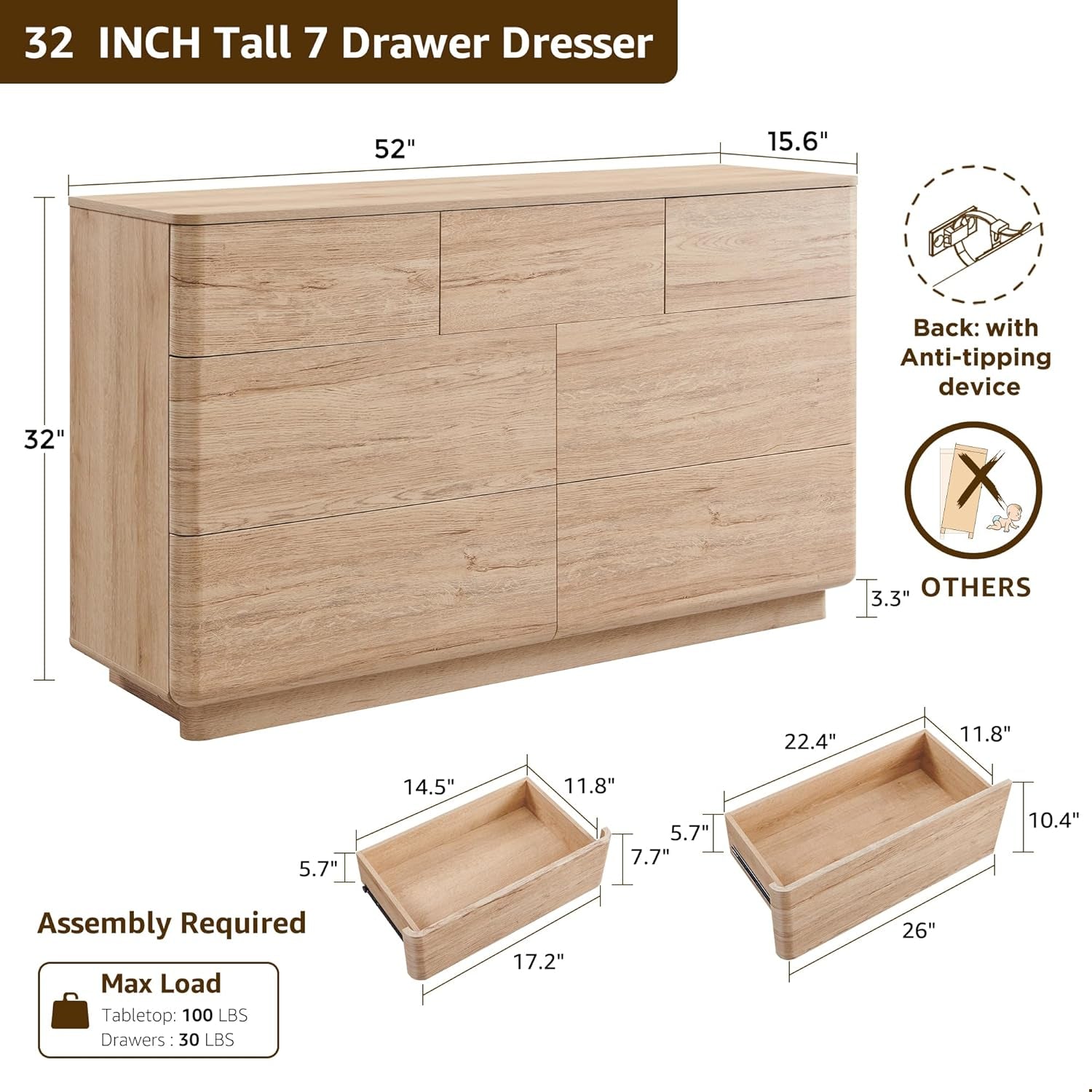 52 Inch Dresser TV Stand With Oak Finish For Bedroom
