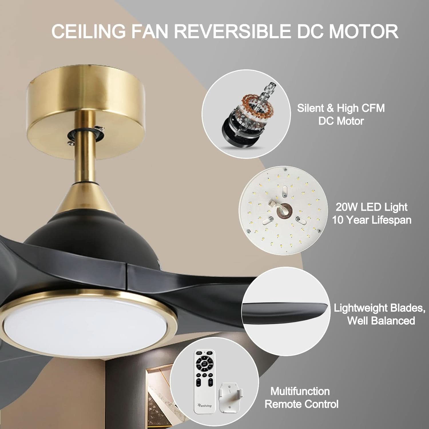 52 Inch Quiet Dc Motor Ceiling Fan With Lights Remote