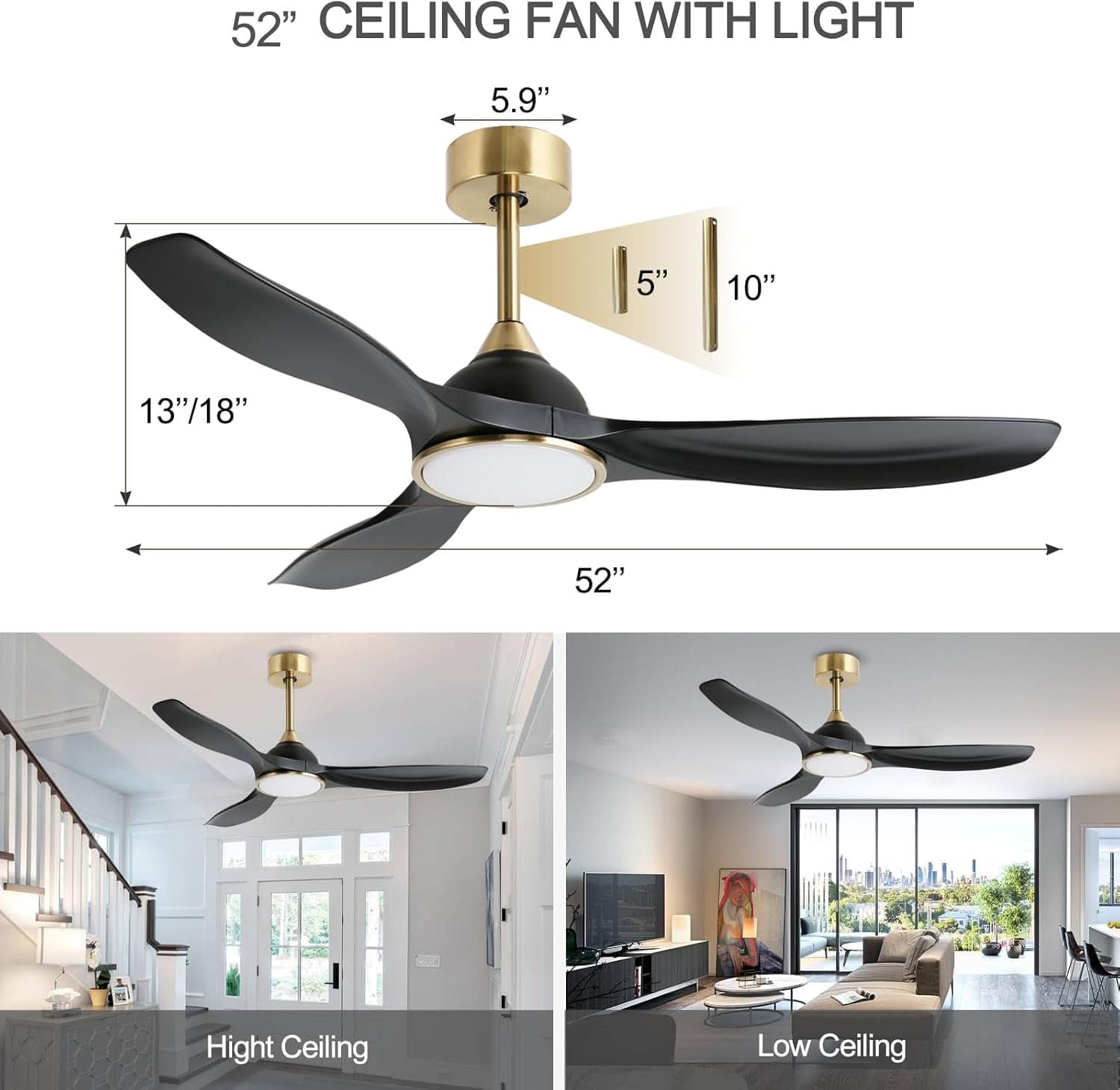 52 Inch Quiet Dc Motor Ceiling Fan With Lights Remote