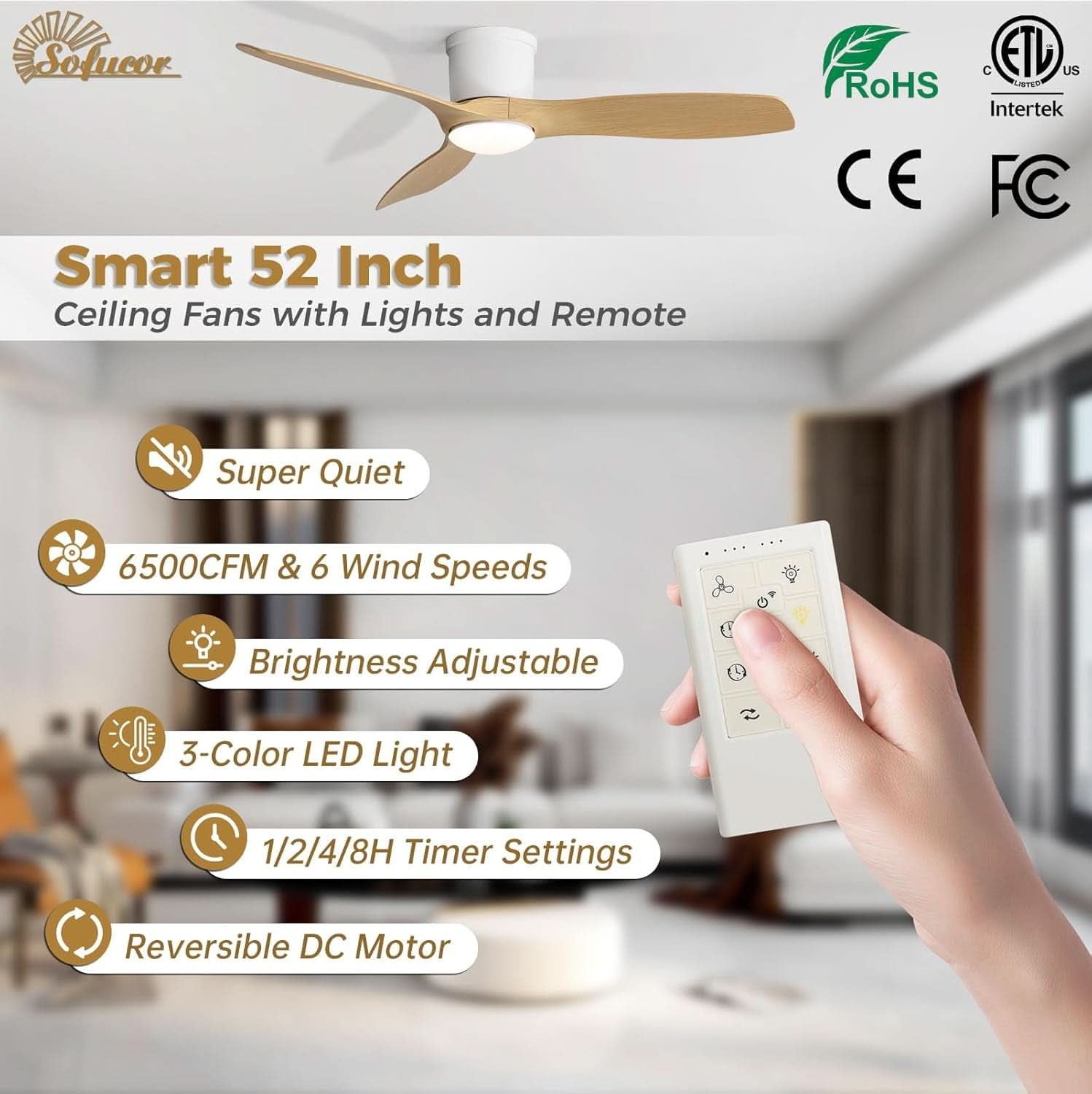 52 Inch Smart Ceiling Fan With Lights Remote App Control