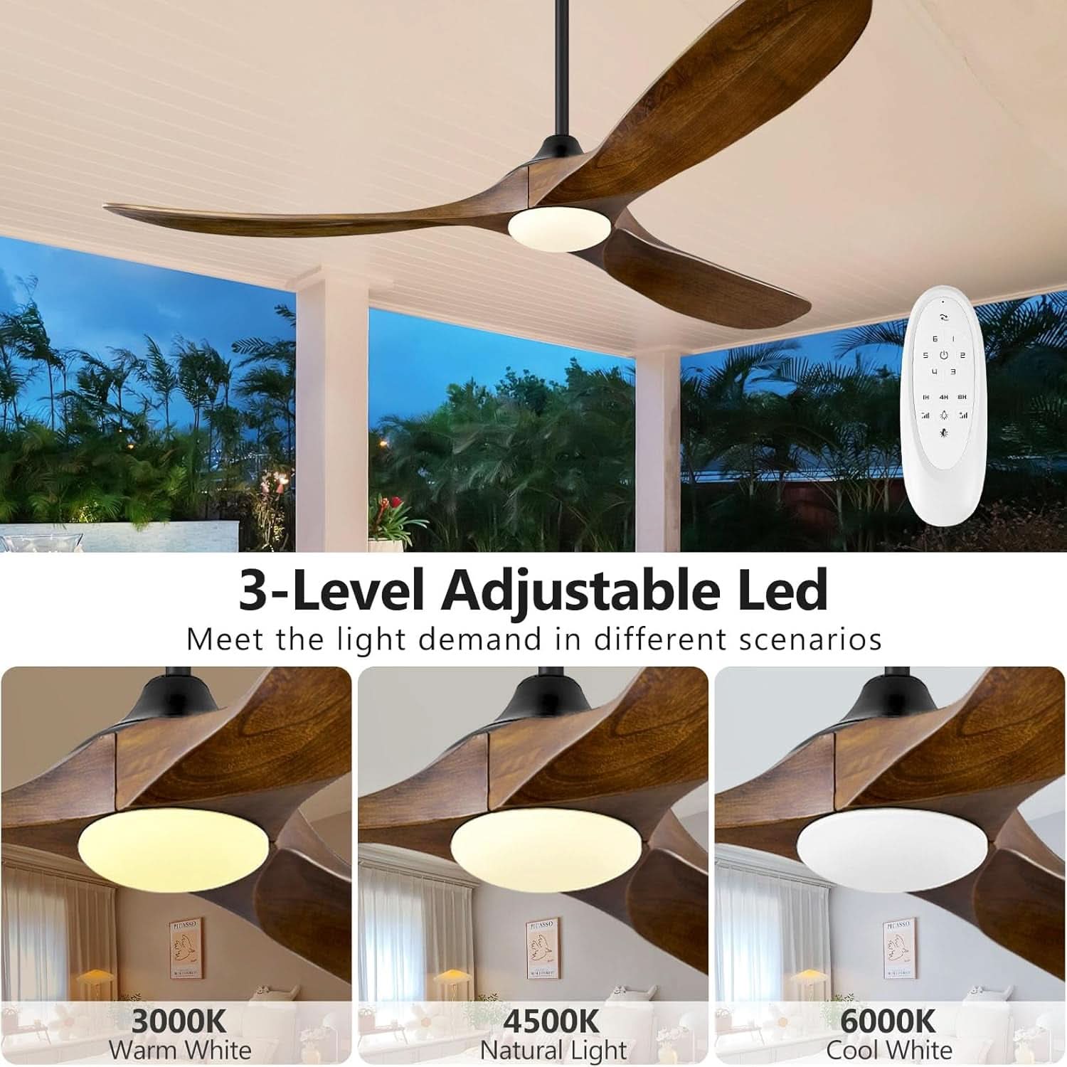 52 Inch Walnut Wood Ceiling Fan With Integrated LED Remote