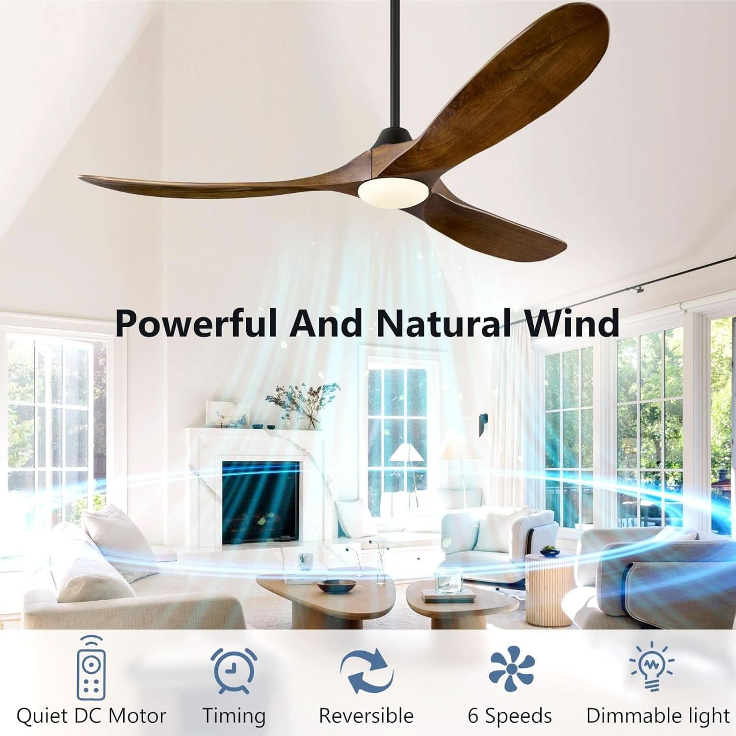 52 Inch Walnut Wood Ceiling Fan With Integrated LED Remote