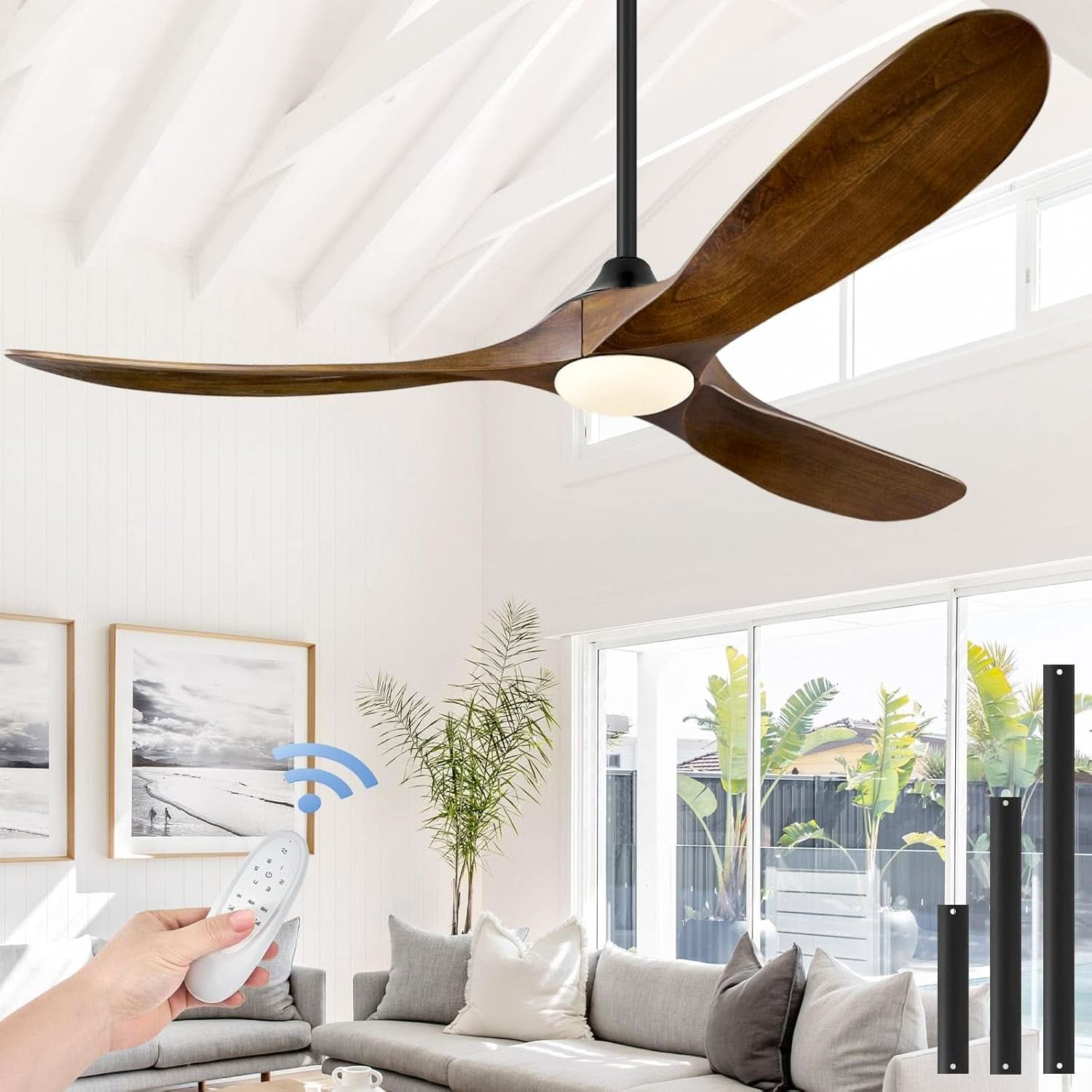 52 Inch Walnut Wood Ceiling Fan With Integrated LED Remote