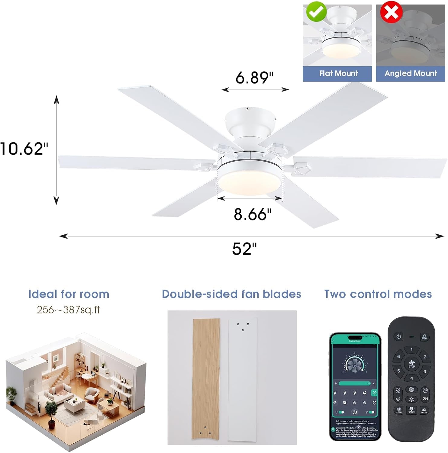 52 Inch White Low Profile Ceiling Fan With Lights And Remote