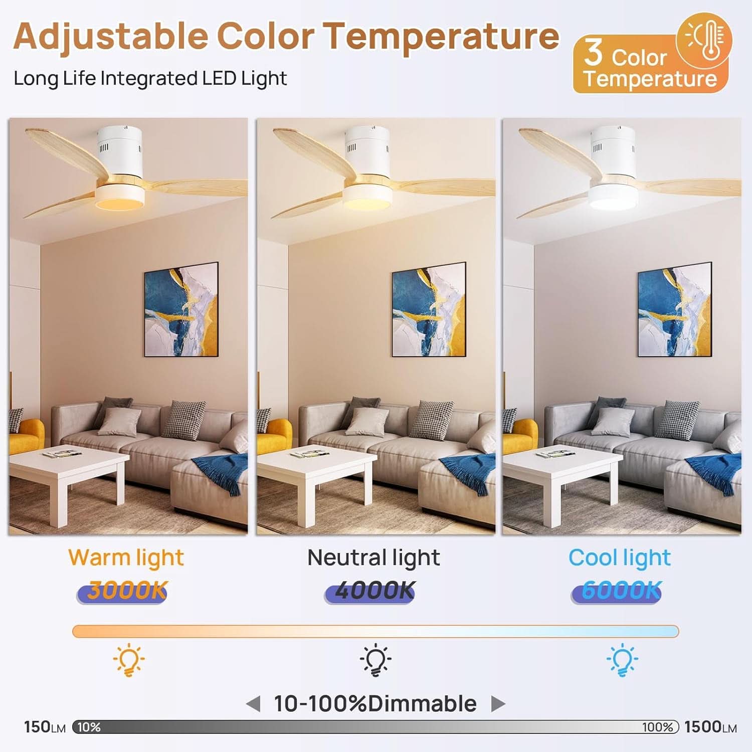 52 Inch White Wood Ceiling Fan With LED Light And Remote