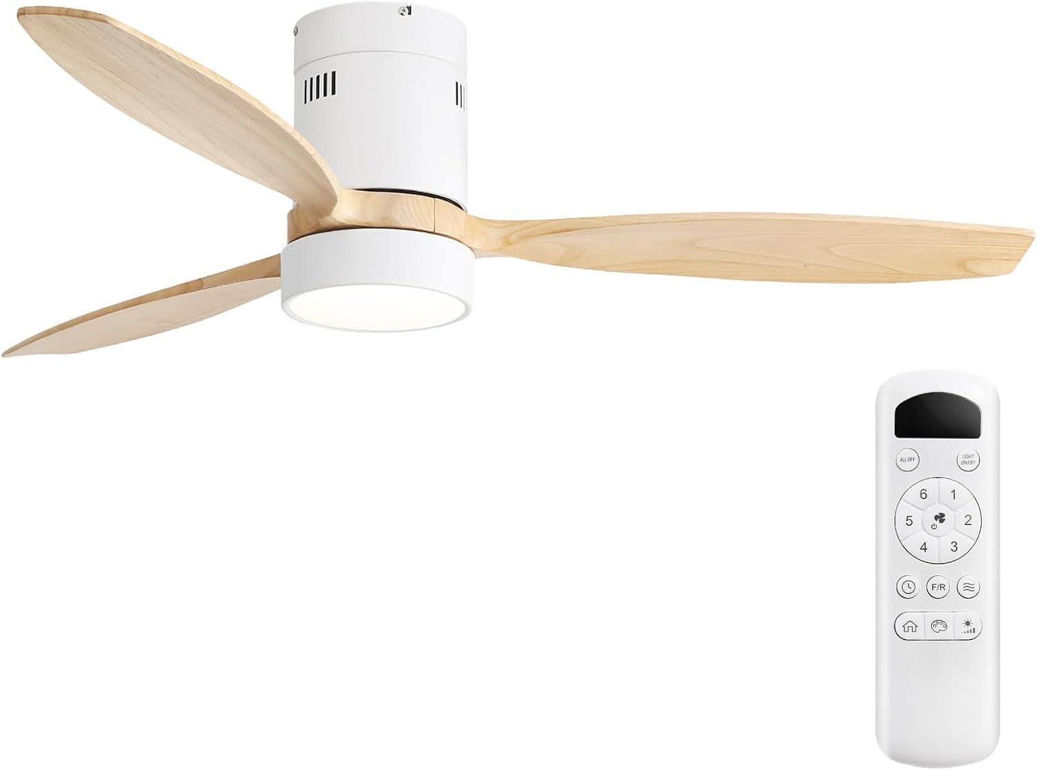 52 Inch White Wood Ceiling Fan With LED Light And Remote