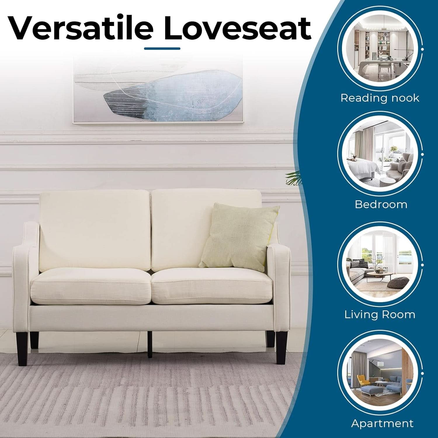 53 Inch Light Grey Mid Century Modern Loveseat Scooped Arms