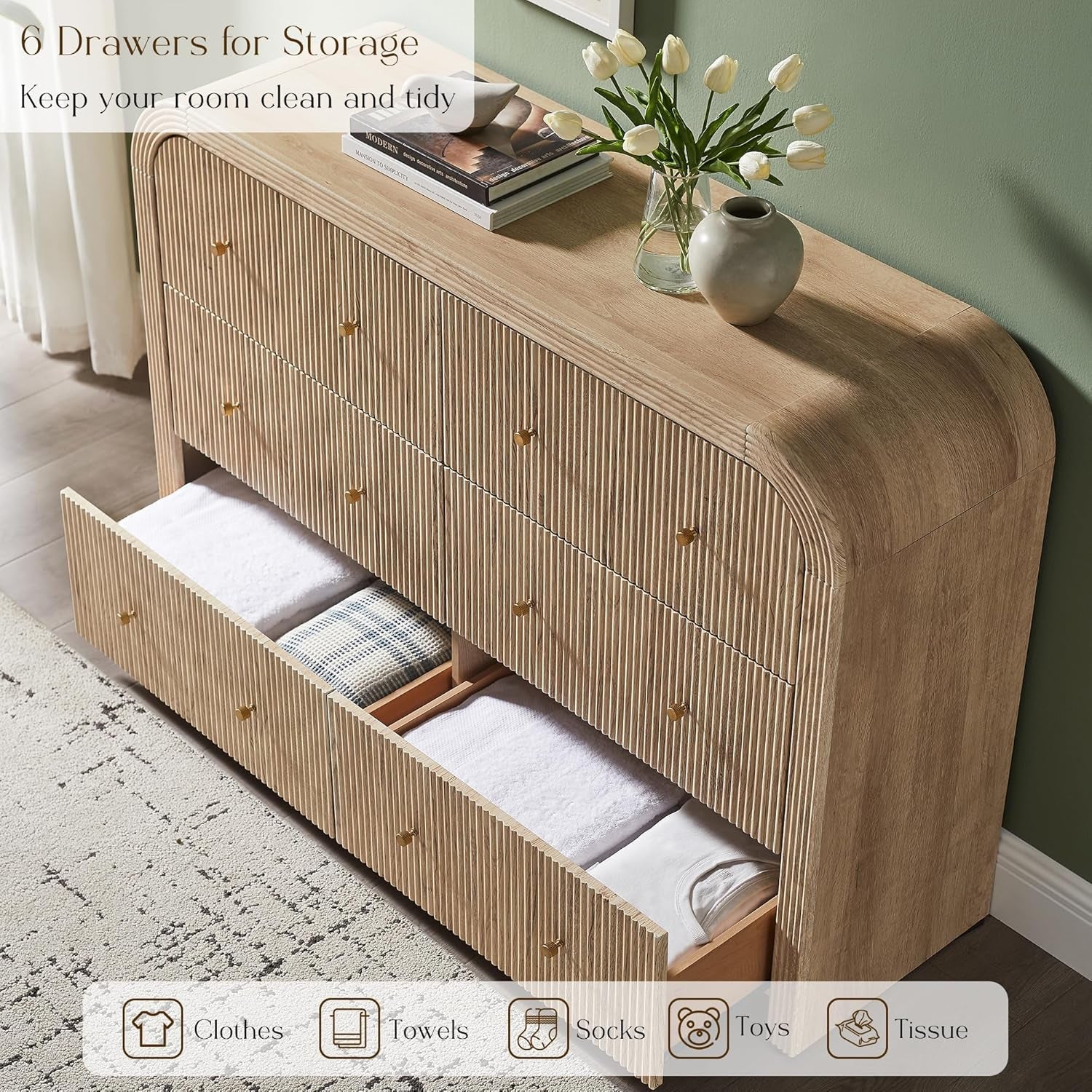 54 Inch Dresser With Six Drawers For Bedroom Organization