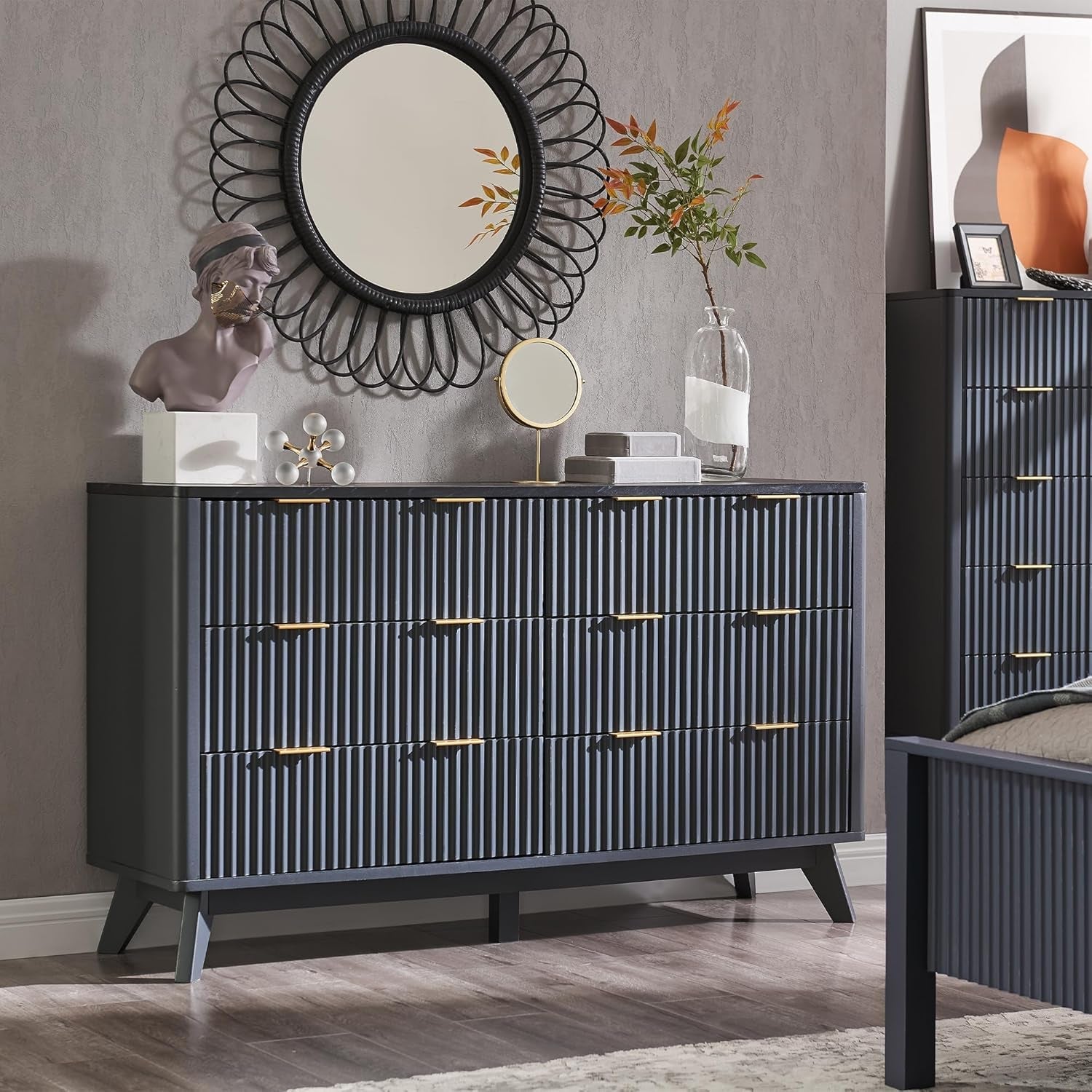 54 Inch Fluted Dresser With Dark Gray Faux Marble Top