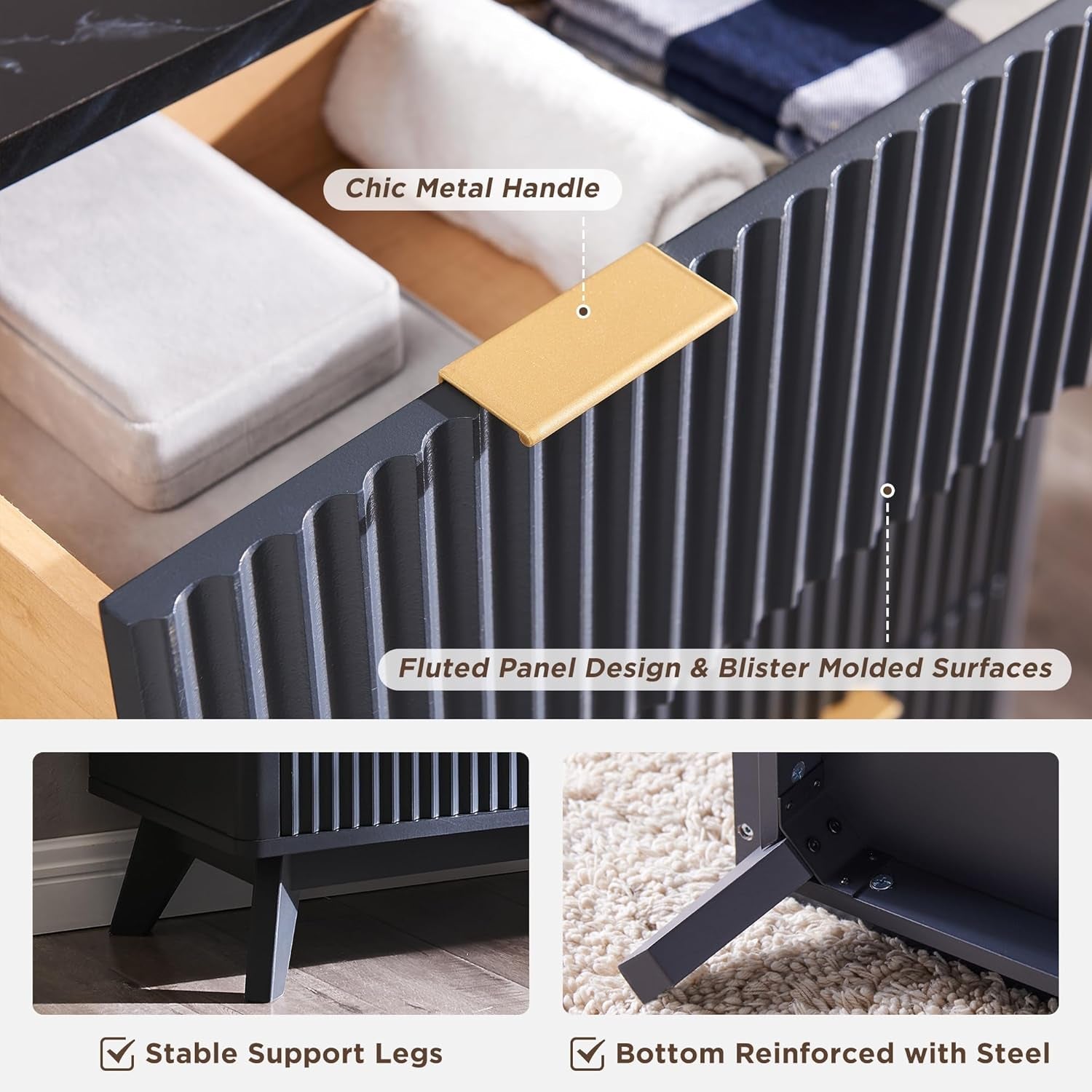 54 Inch Fluted Dresser With Dark Gray Faux Marble Top