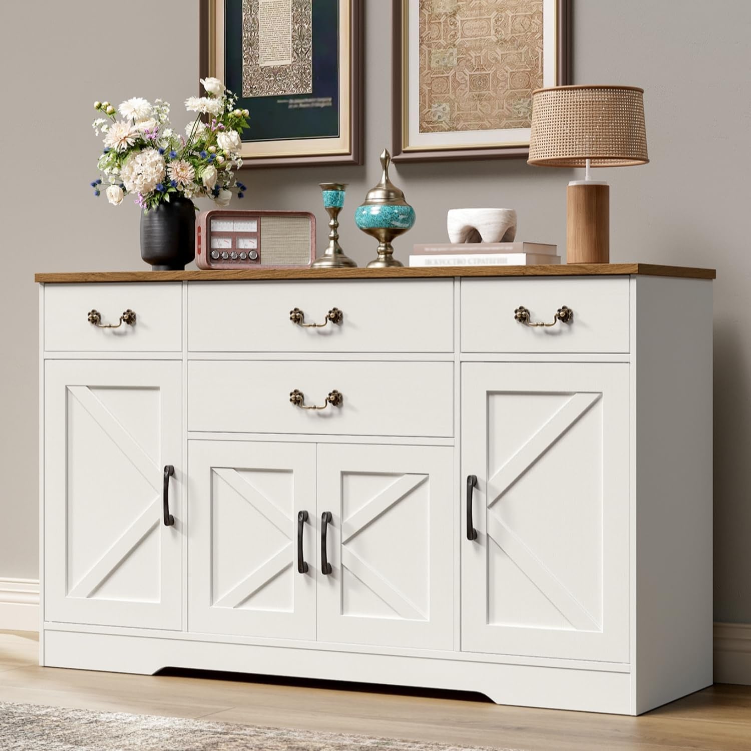 54 Inch White Walnut Sideboard Cabinet With Drawers