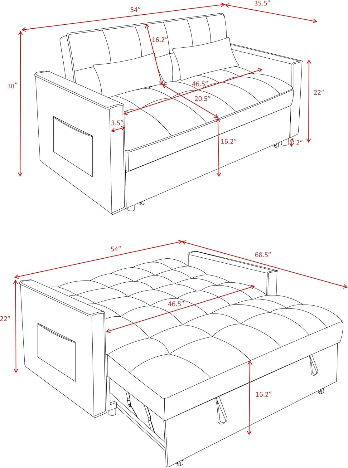 54 Inches Convertible Sofa Bed With Adjustable Backrest