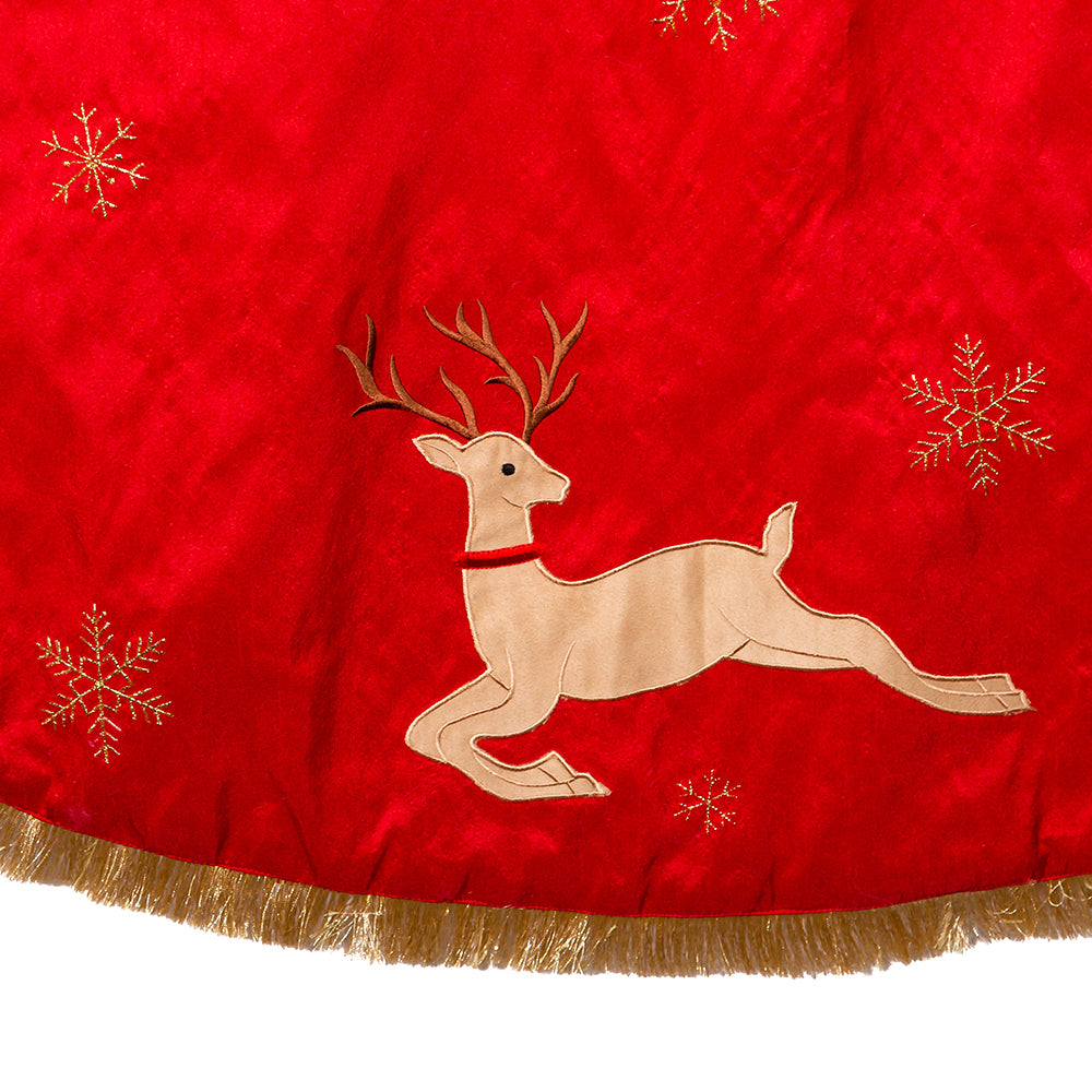54" Red and Tan Patchwork Reindeer Running Tree Skirt